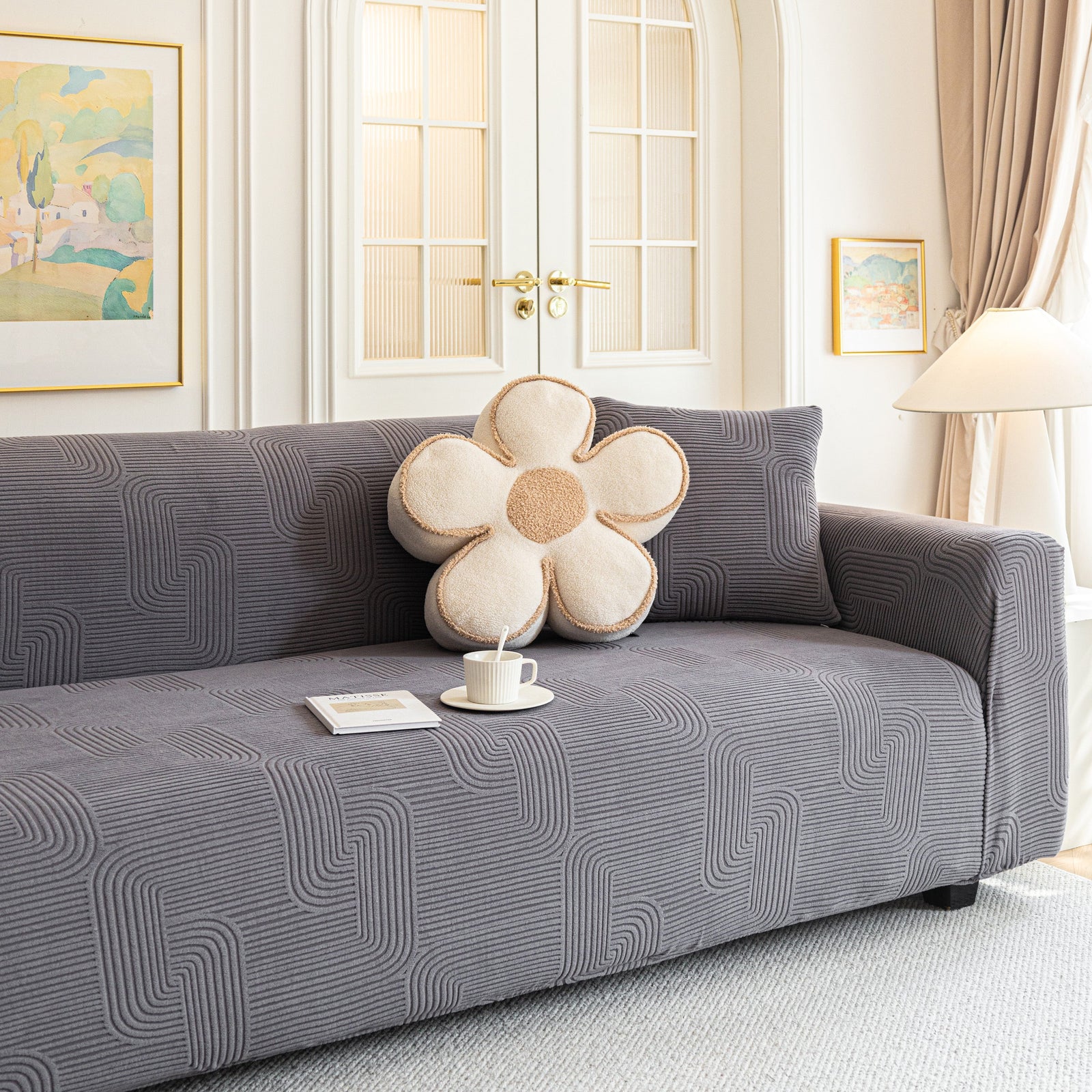 Modern Slipcovers Geometric Textured Stretchable Sofa Cover for Couch with Chaise