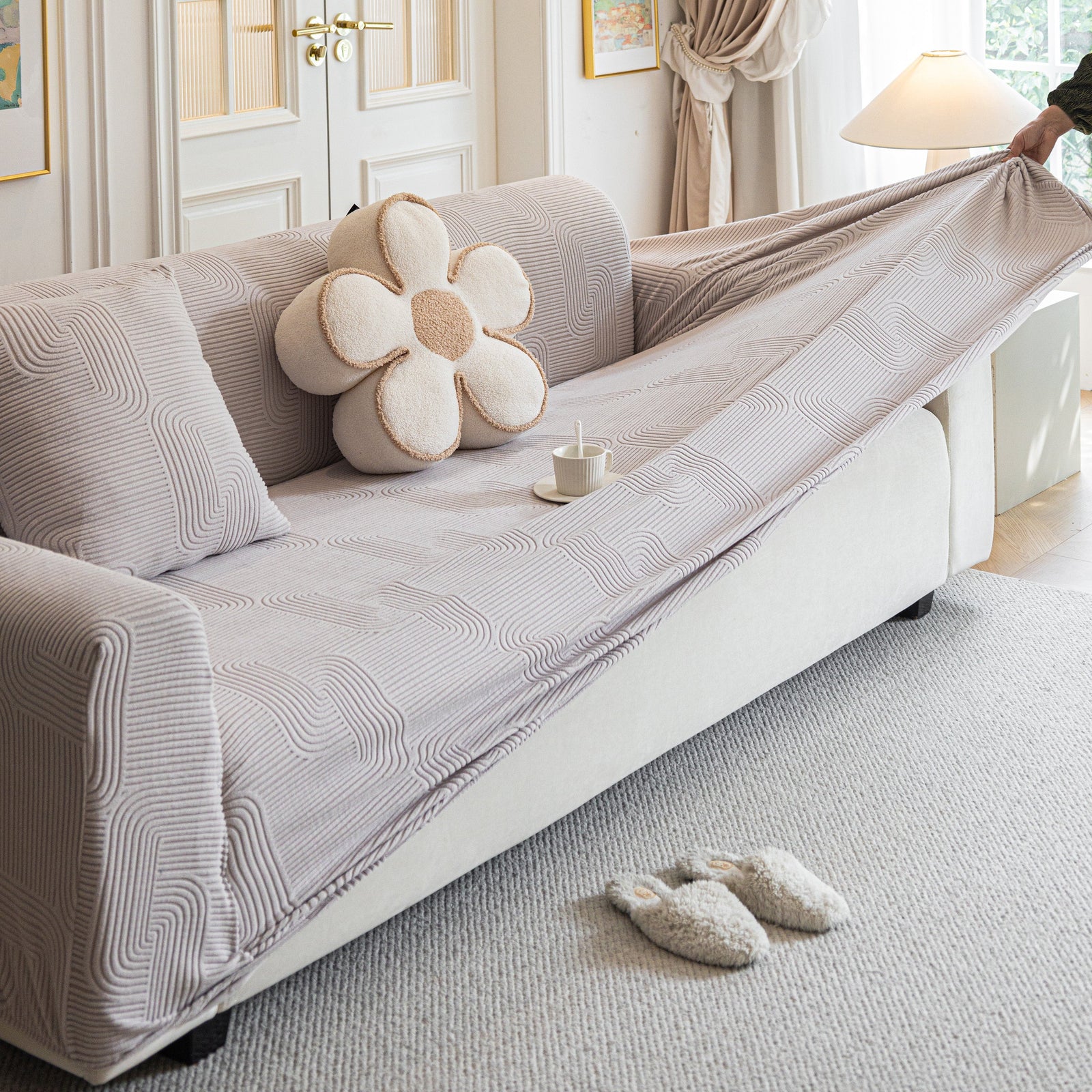 Modern Slipcovers Geometric Textured Stretchable Sofa Cover for Couch with Chaise