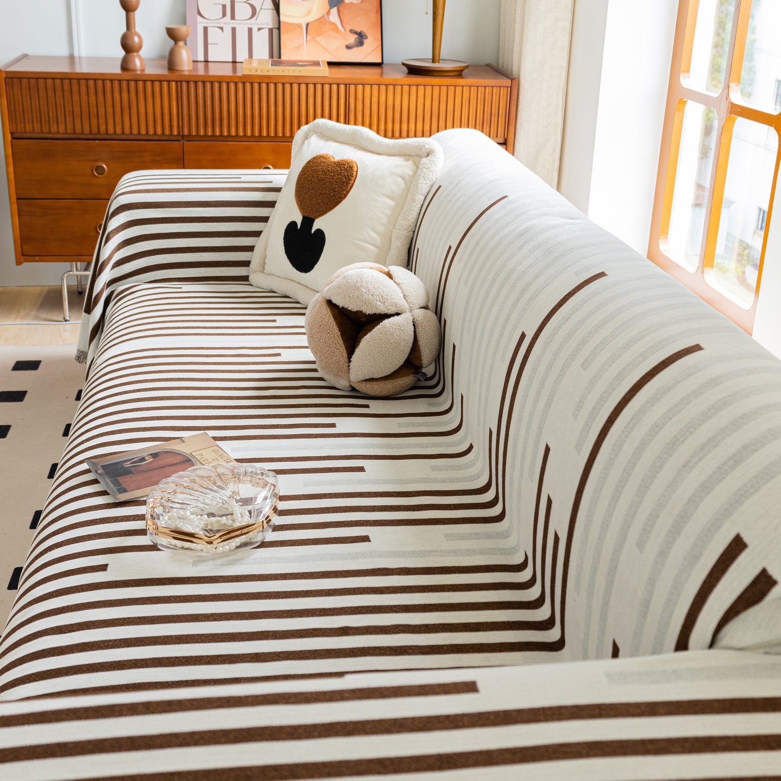Boho Stripe Sectional Couch Cover Soft Chenille Sofa Slipcovers Blanket on The Sofa for Living Room