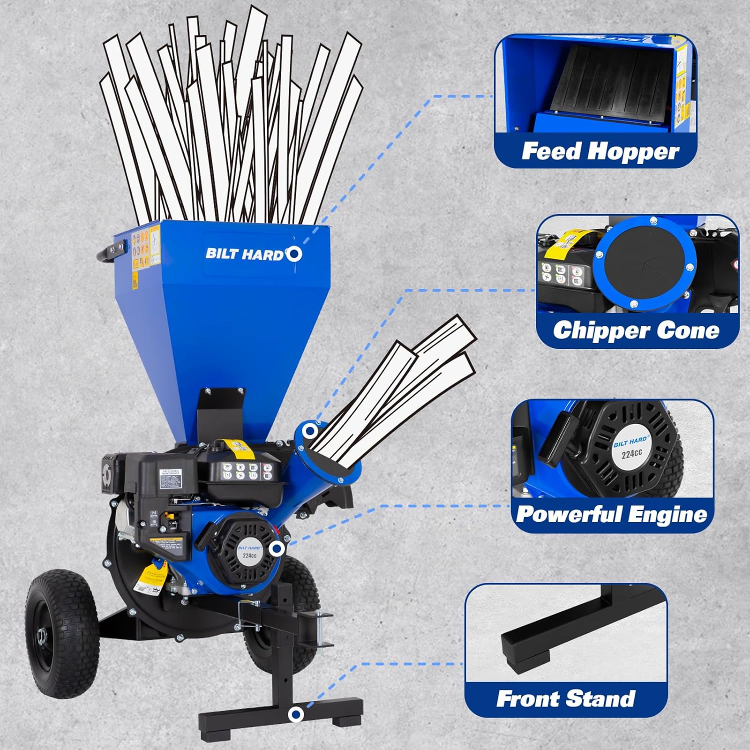 BILT HARD 224cc 7.5hp Gas Powered Wood Chipper with Tow Hitch