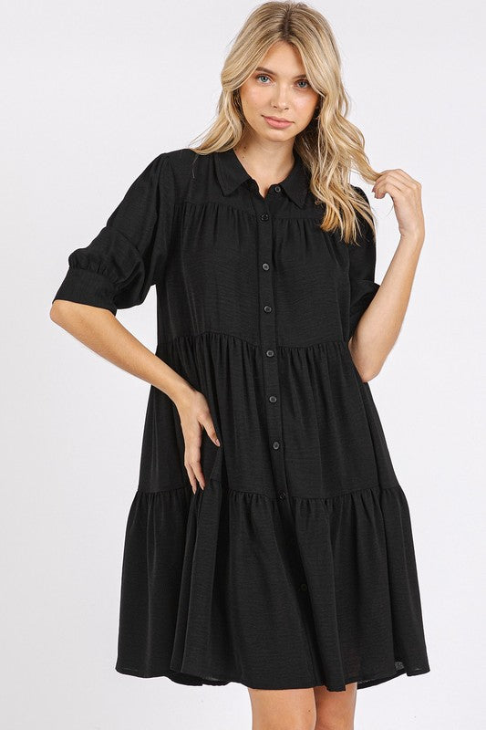 Button Detail Collared Neck Tiered Shirt Dress For Women – Classic Elegant, Fluttering, Chic, and Versatile For Any Occasion