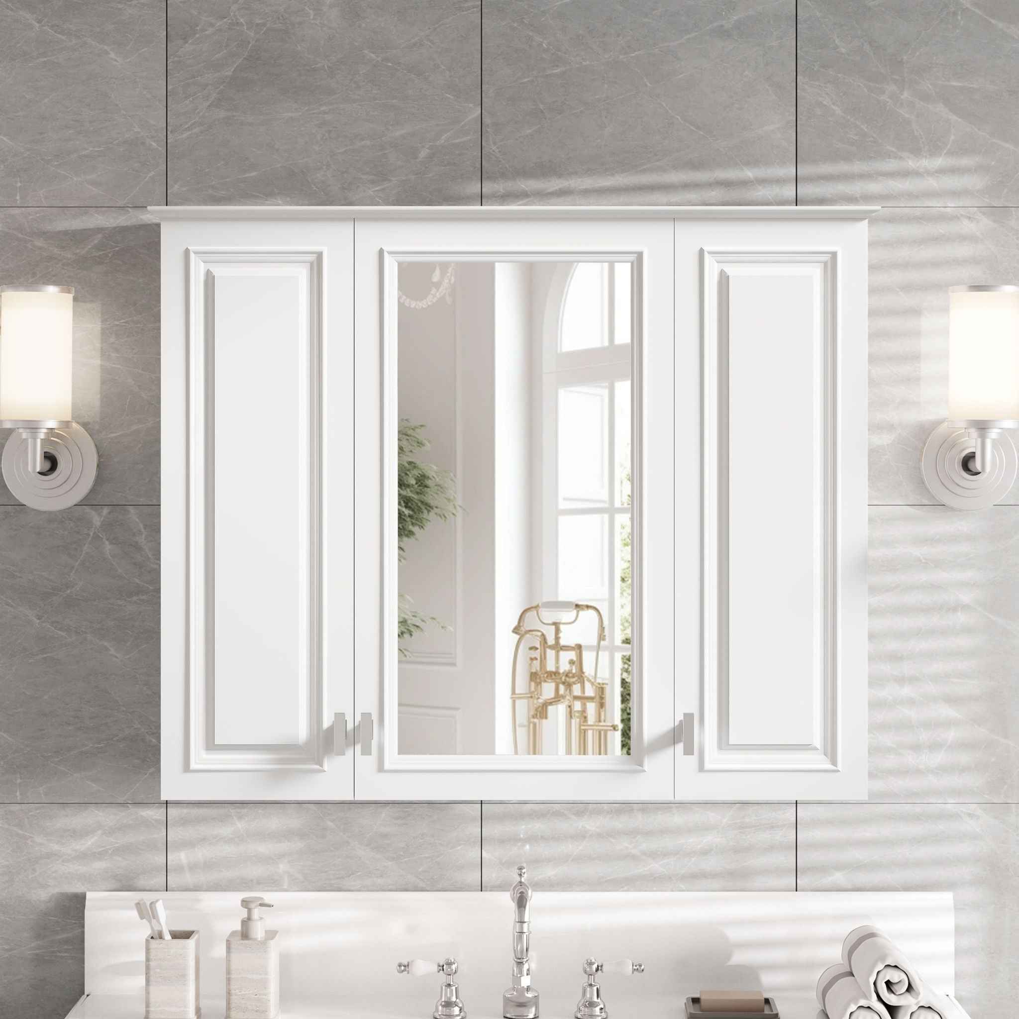 Wall Mounted Mirror Cabinet With 5 Adjustable Shelves, Rectangular Storage For Bathroom - White
