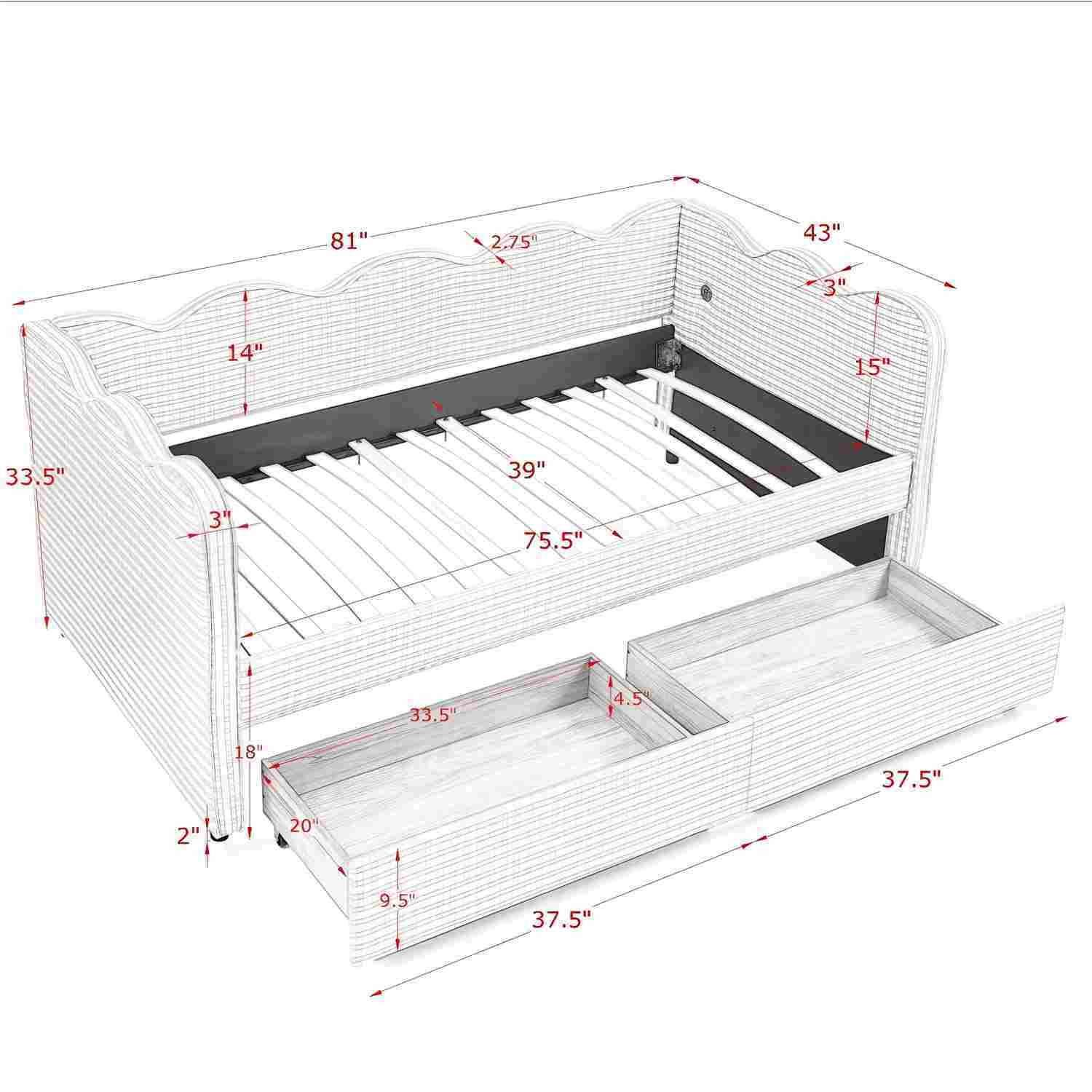 Gingham Daybed With USB Charging Port, Wave-Shaped Design