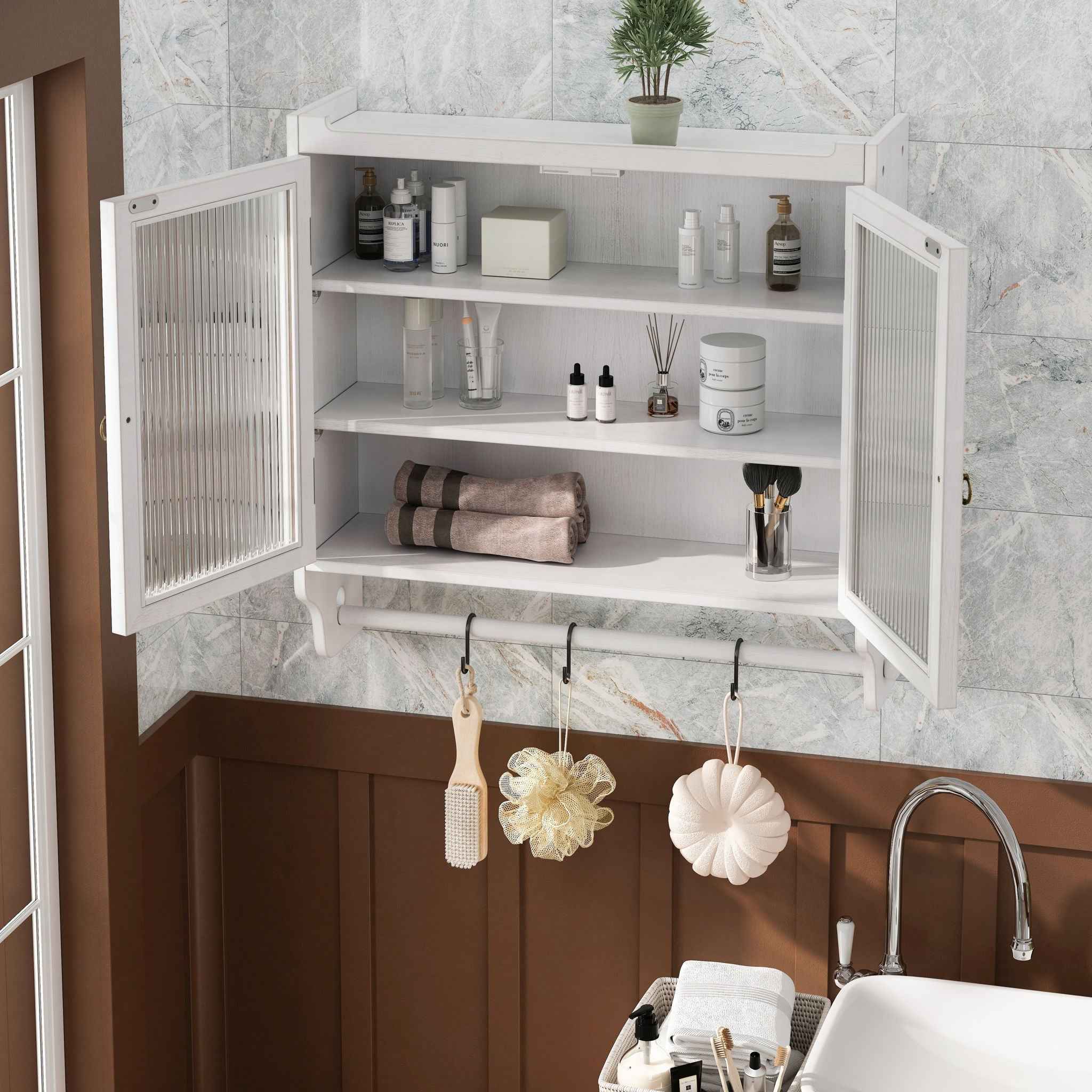Vintage Double Door Wall Cabinet With Three Tiers Storage And Towel Rack - White Washed