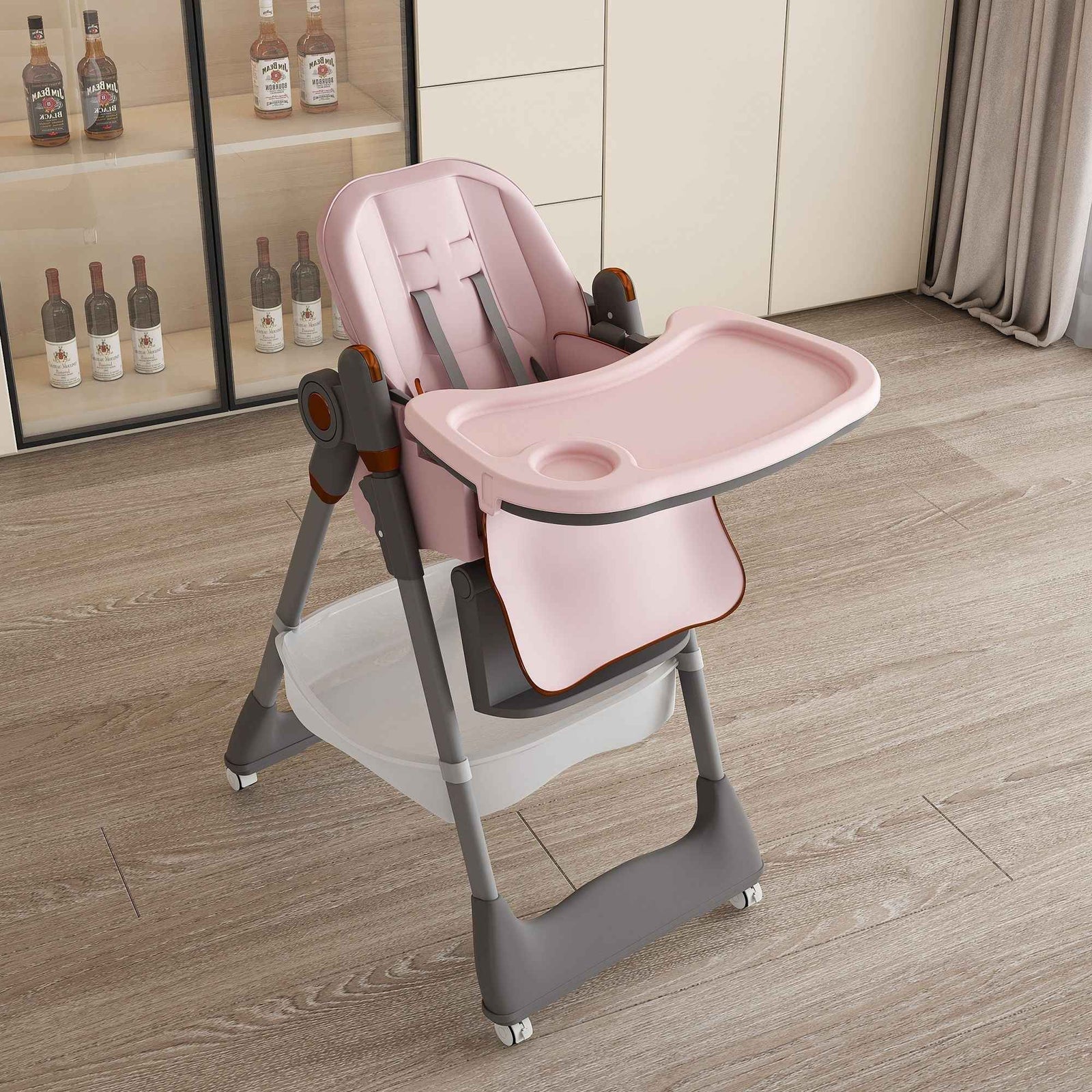Adjustable Baby High Chair 0-6 Years, Portable Infant Feeding Seat With Safety Belt, Silent Lockable Wheels