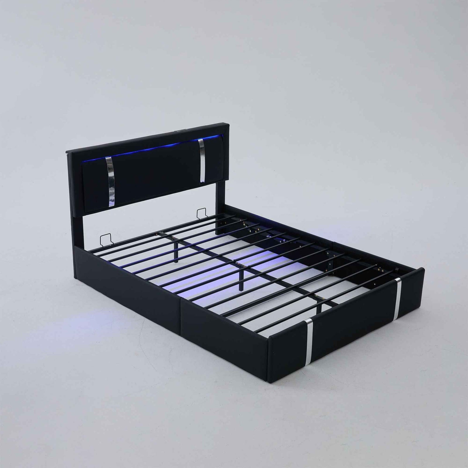 Upholstered Platform Bed Frame With Adjustable LED Headboard, USB C-Charging, Hydraulic Lift
