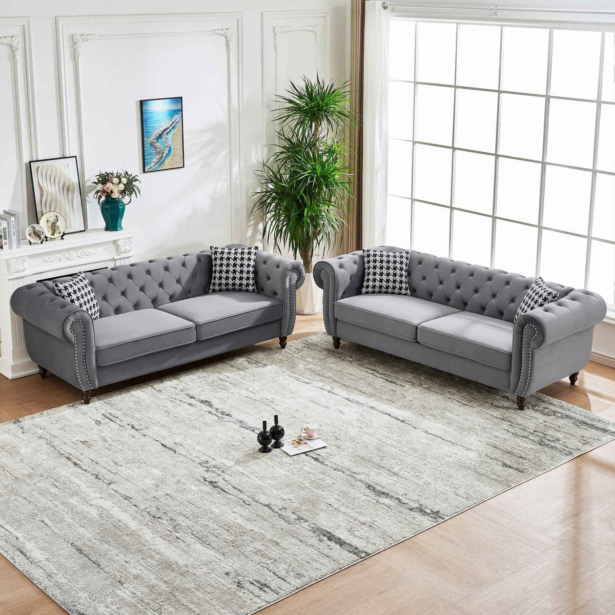 Chesterfield Upholstery Fabric Sofa With Roll Armrest & Nailhead, Mid Century Modern 3 And 3 Seater Couch