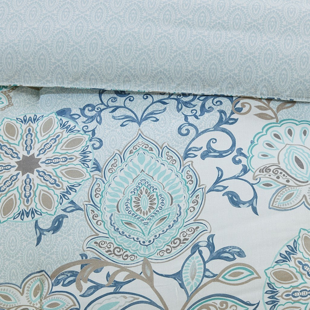8 Piece Cotton Floral Printed Reversible Comforter Set Blue