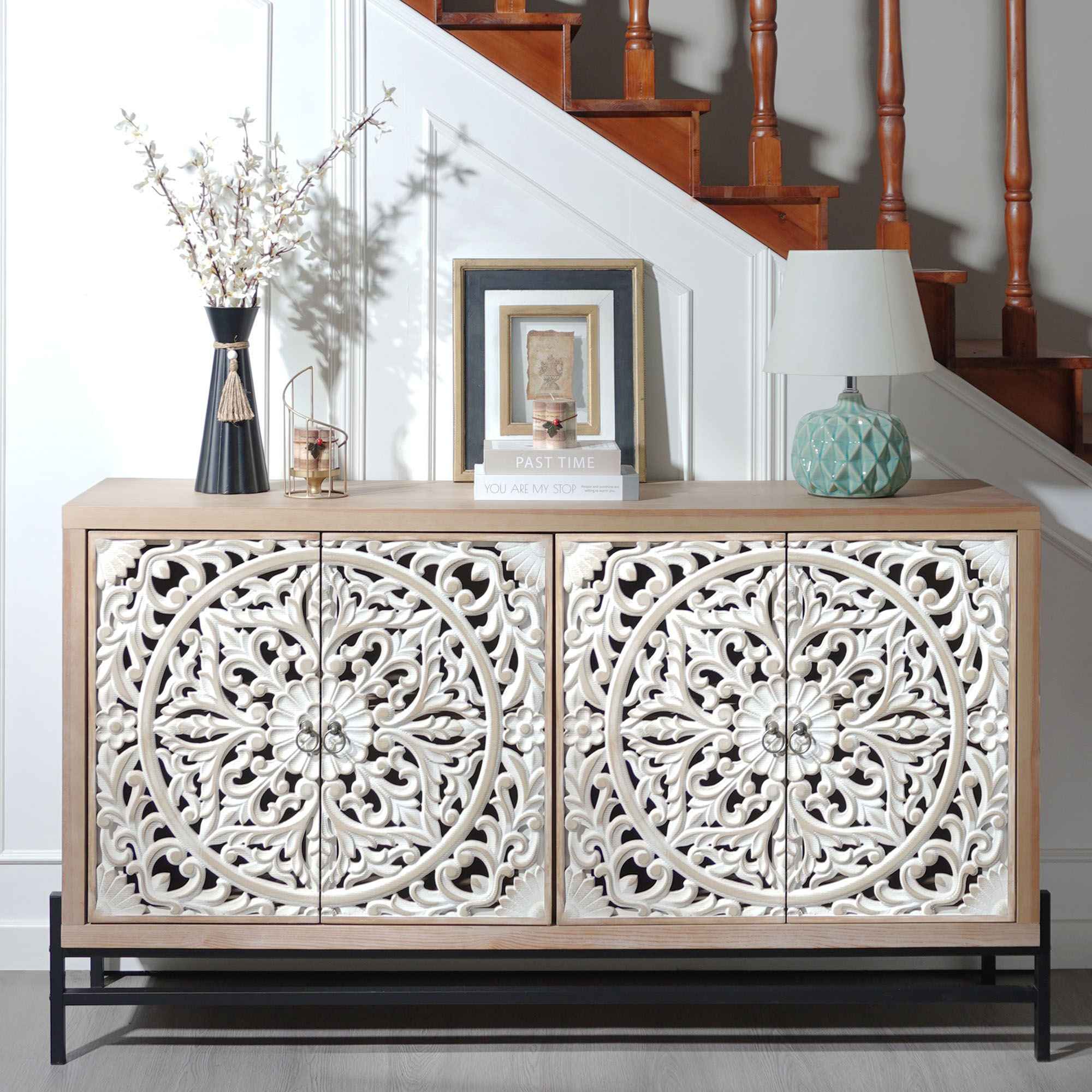 Carved 4 Door Cabinet, Storage Sideboard For Living Room - Multi