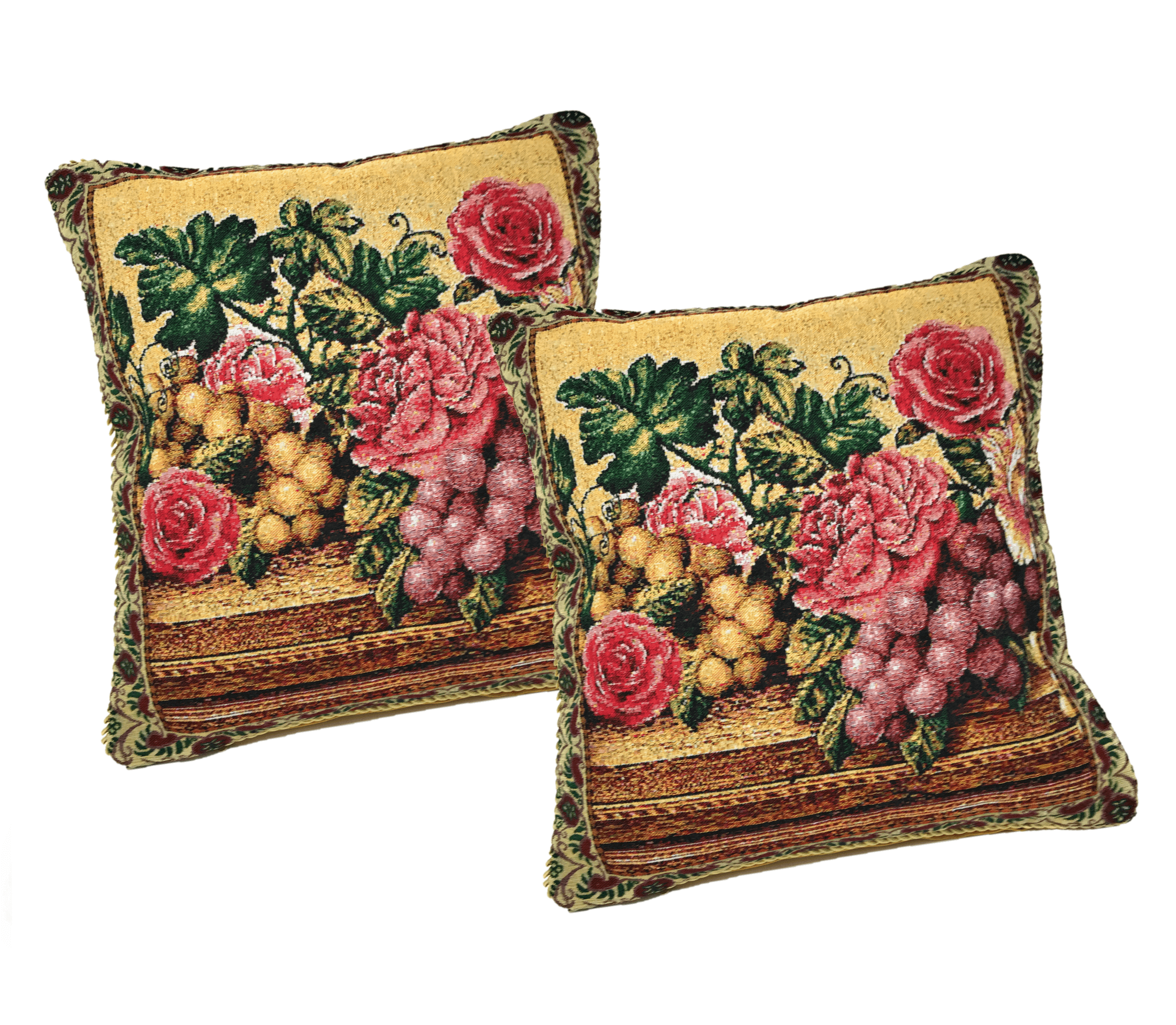 DaDa Bedding Set of 2-Pieces Parade Fruit & Roses Garden Tapestry Throw Pillow Covers w/ Inserts - 18" x 18"