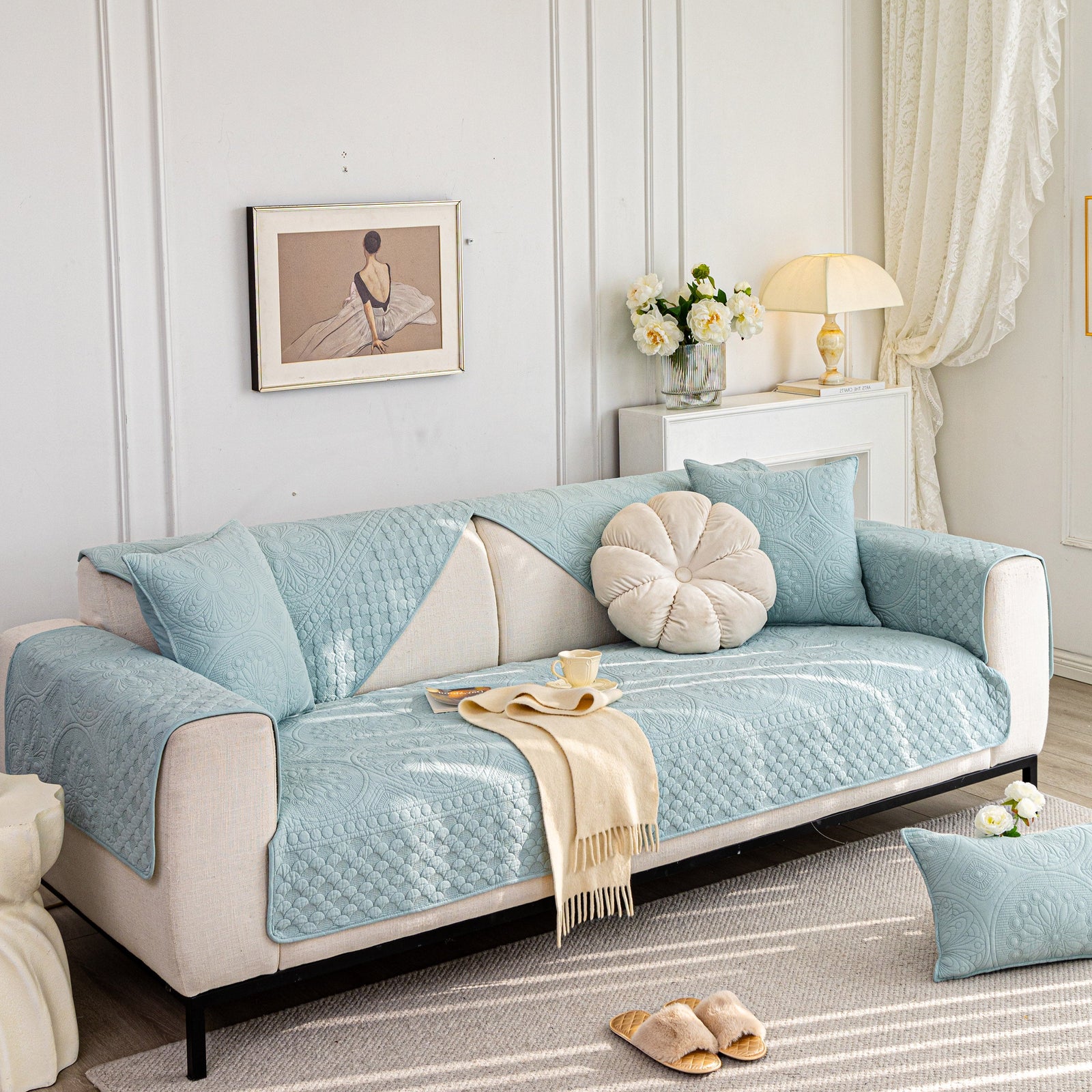 Cotton Quilted Sofa Cover, Non-Slip Couch Protector Fits Backrest, Seat & Armrest