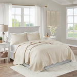 3 Pc Antimicrobial Cream Reversible Scalloped Edge Quilt Set