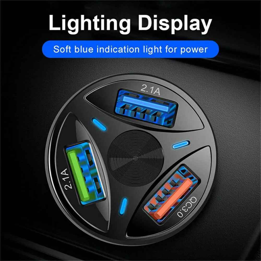 3 Port Fast LED Car Charger + 3 in 1 Cable Combo Black