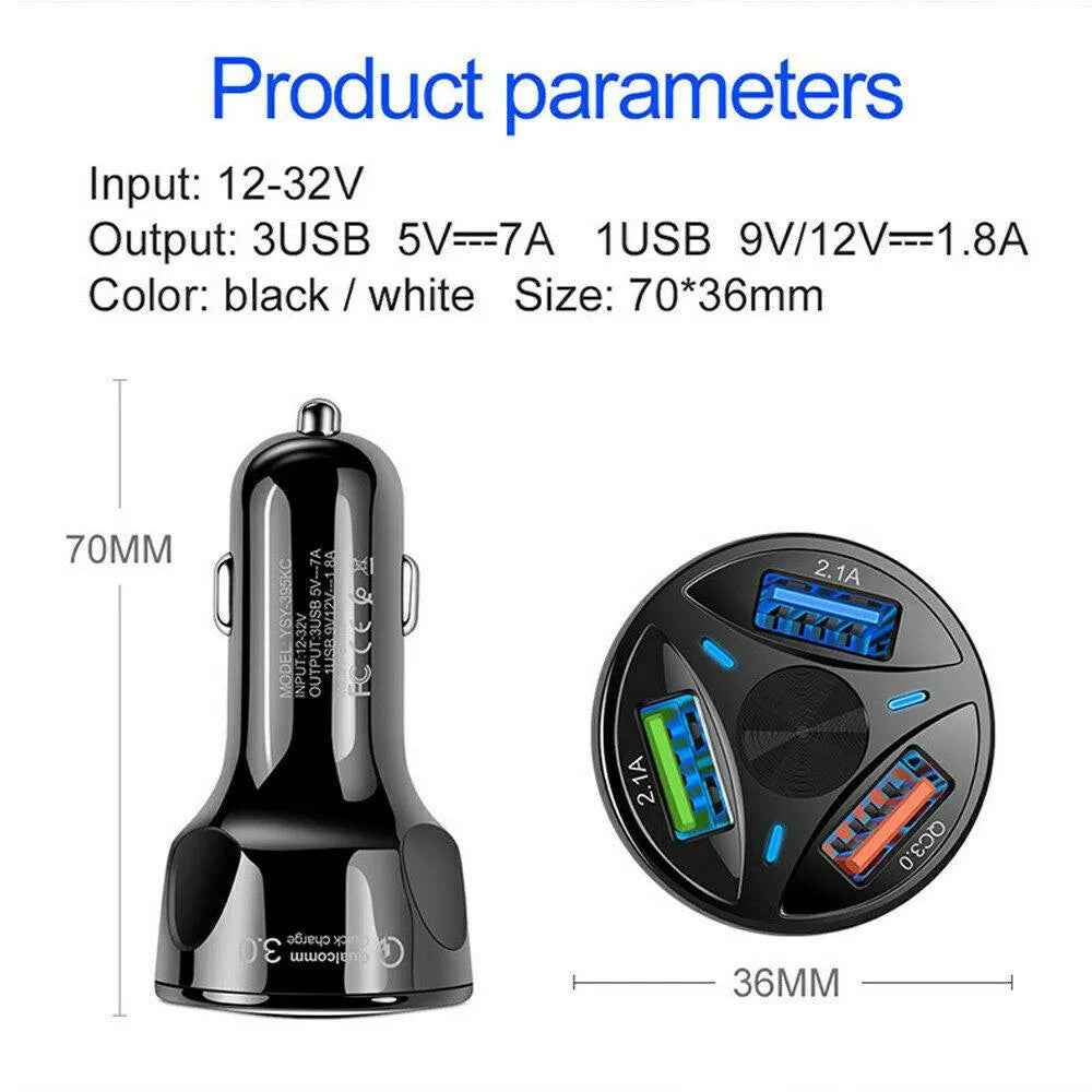 3 Port Fast LED White Car Charger + 3 in 1 Cable Combo Black