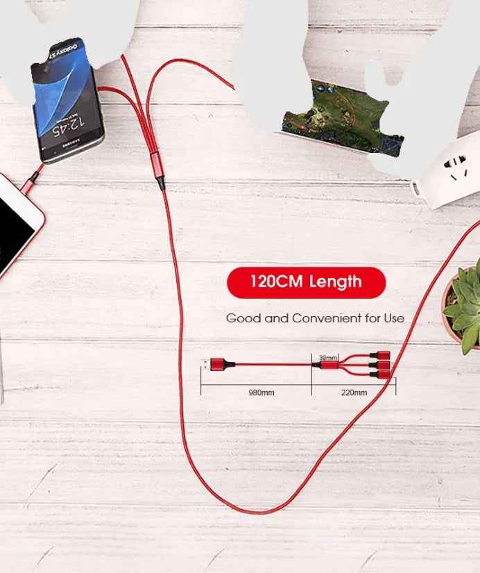 3 Port Fast LED White Car Charger + 3 in 1 Cable Combo Black
