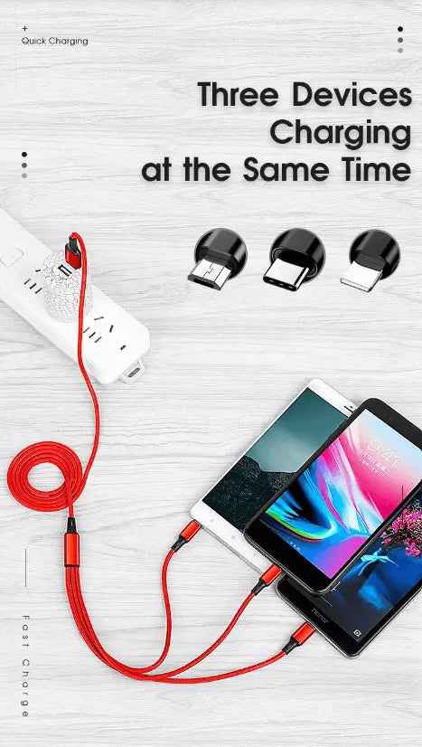 3 Port Fast LED White Car Charger + 3 in 1 Cable Combo Gold