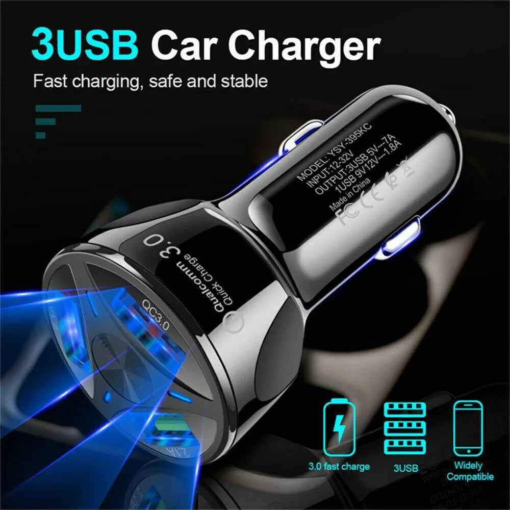 3 Port Fast LED White Car Charger + 3 in 1 Cable Combo Gold