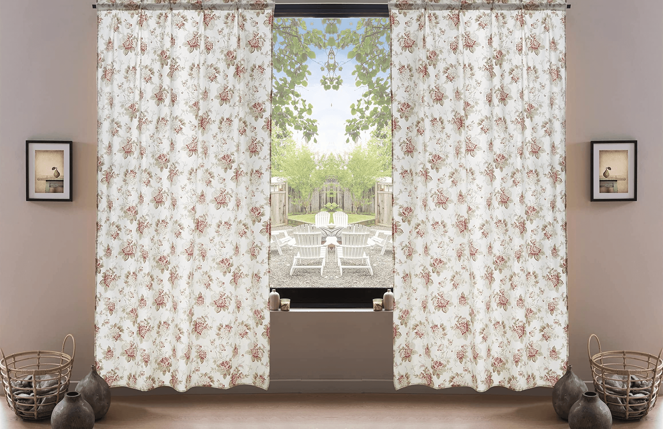 DaDa Bedding Set of 2-Pieces Hint of Mint Dainty Floral Pink Roses Cottage Sheer Window Panel Curtains (JHW3036)