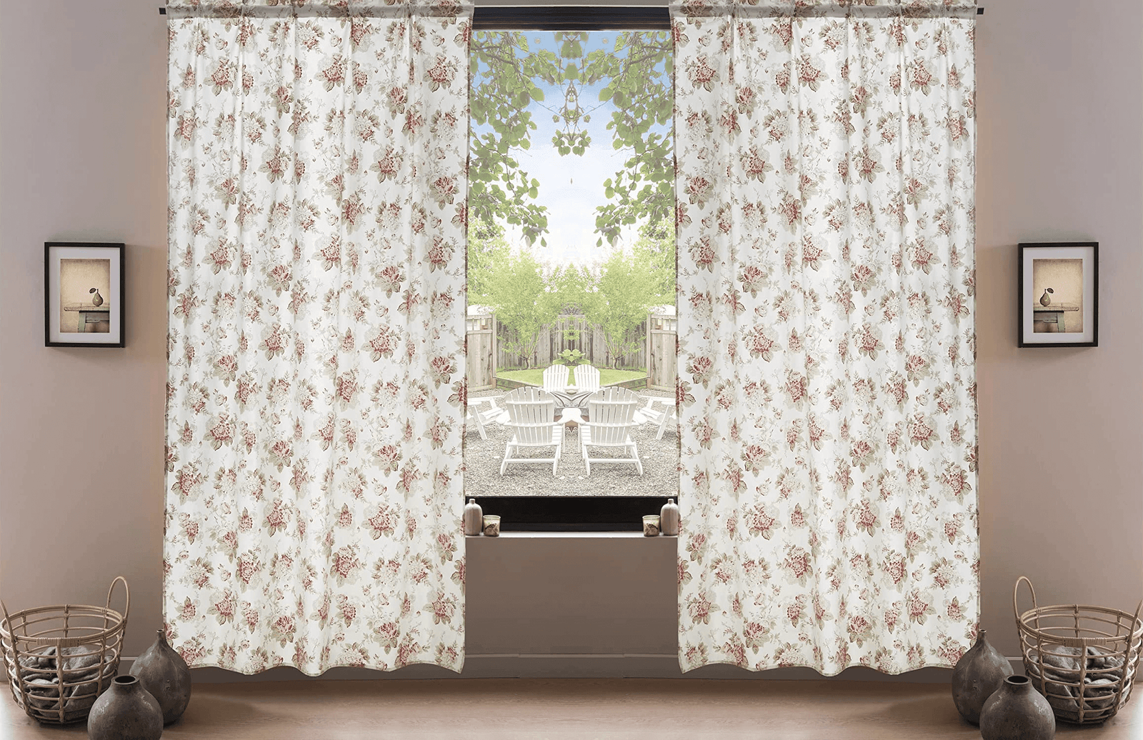 DaDa Bedding Set of 2-Pieces Hint of Mint Dainty Floral Pink Roses Cottage Sheer Window Panel Curtains (JHW3036)