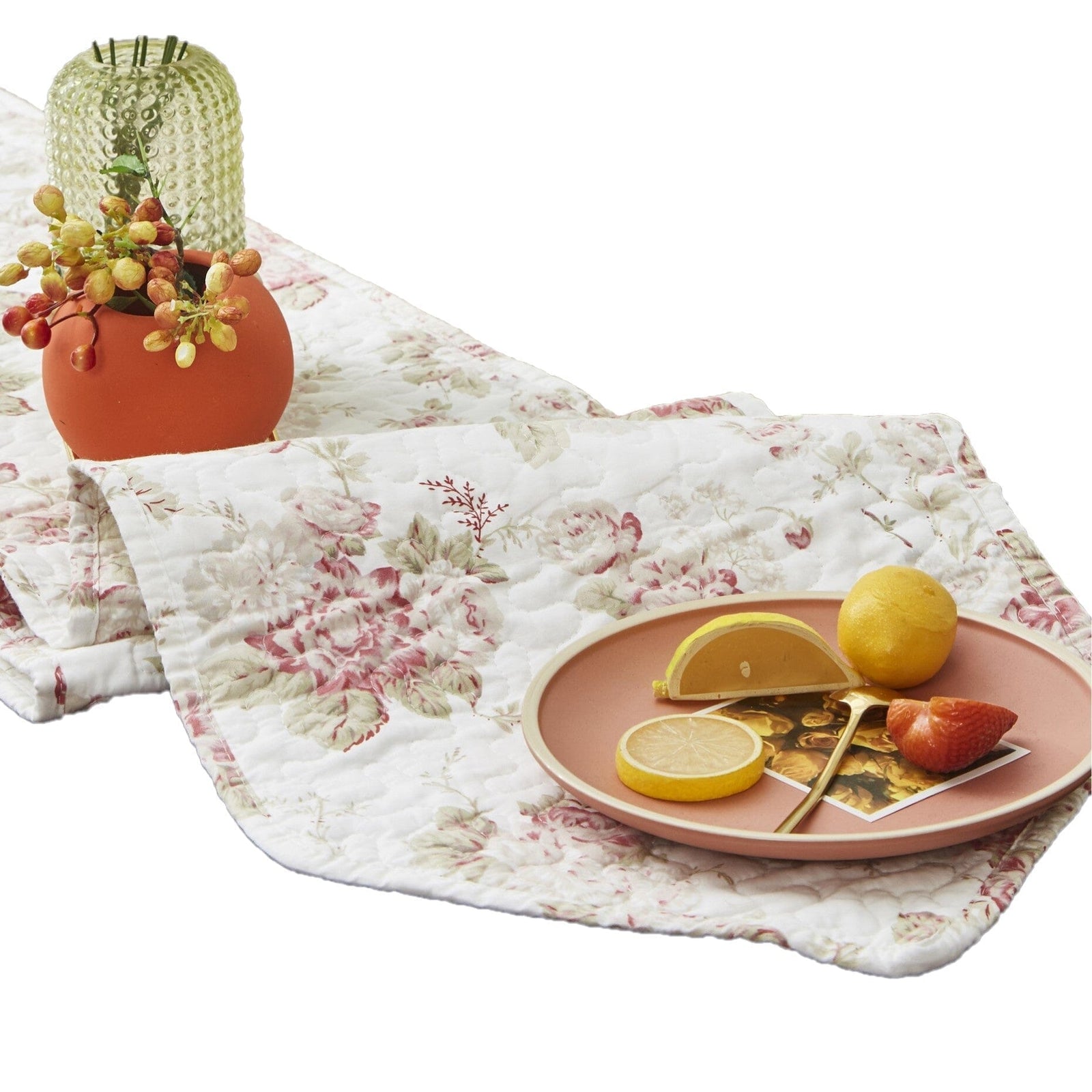 DaDa Bedding Hint of Mint Cottage Floral Roses Quilted Cotton Dining Table Runner (3036)