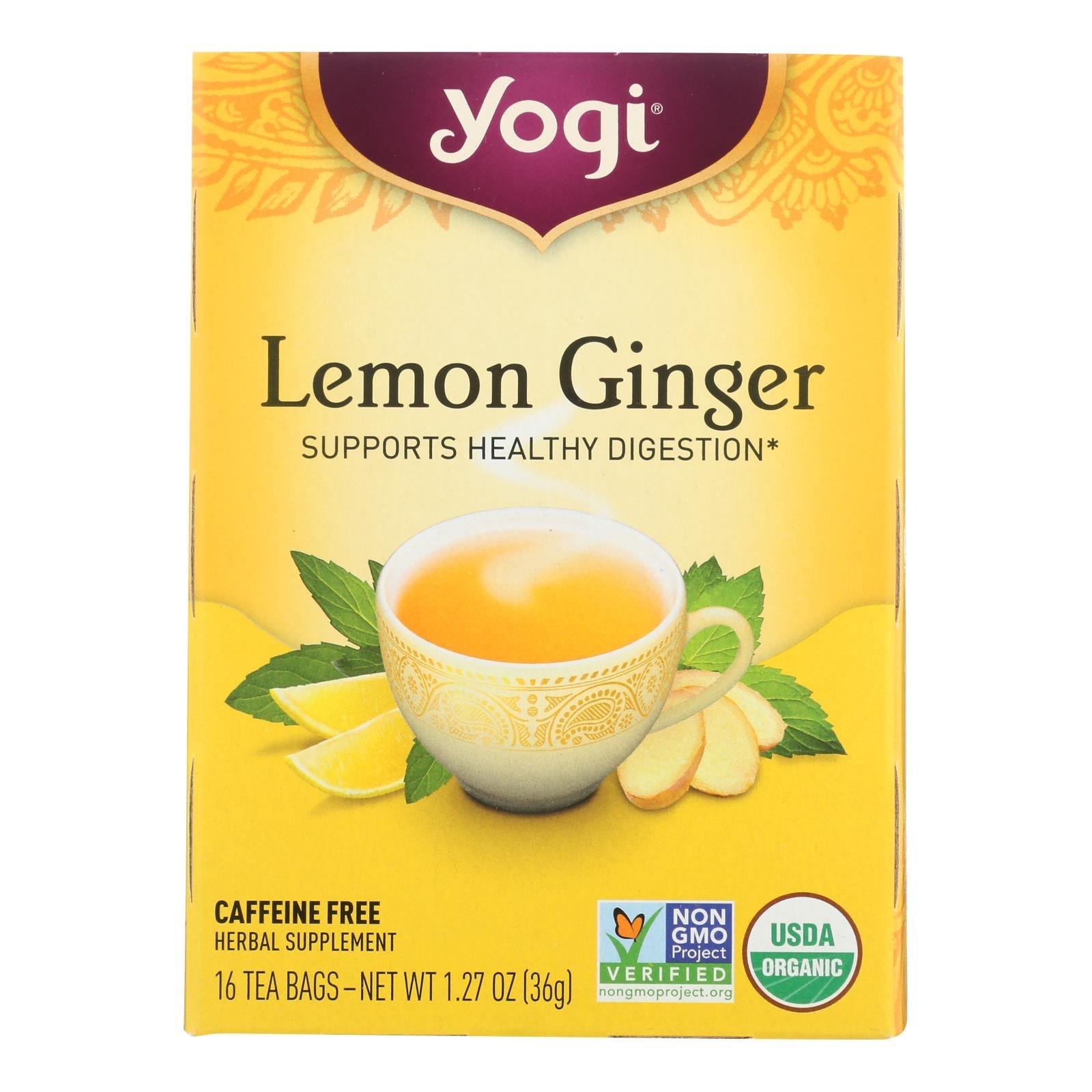 Yogi Tea Lemon Ginger Caffeine Free Herbal Tea, 16 Tea Bags/Pack (Pack of 6)