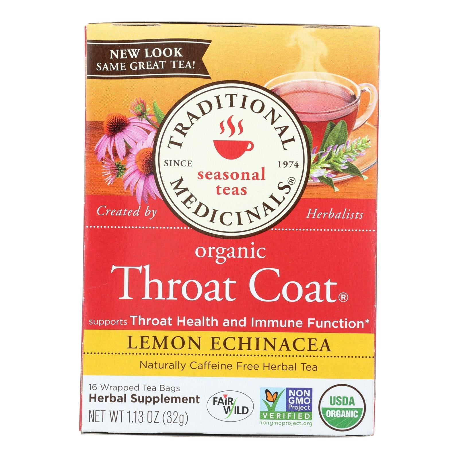 Traditional Medicinals Lemon Echinacea Throat Coat Herbal Tea - 16 Tea Bags, 6-Pack