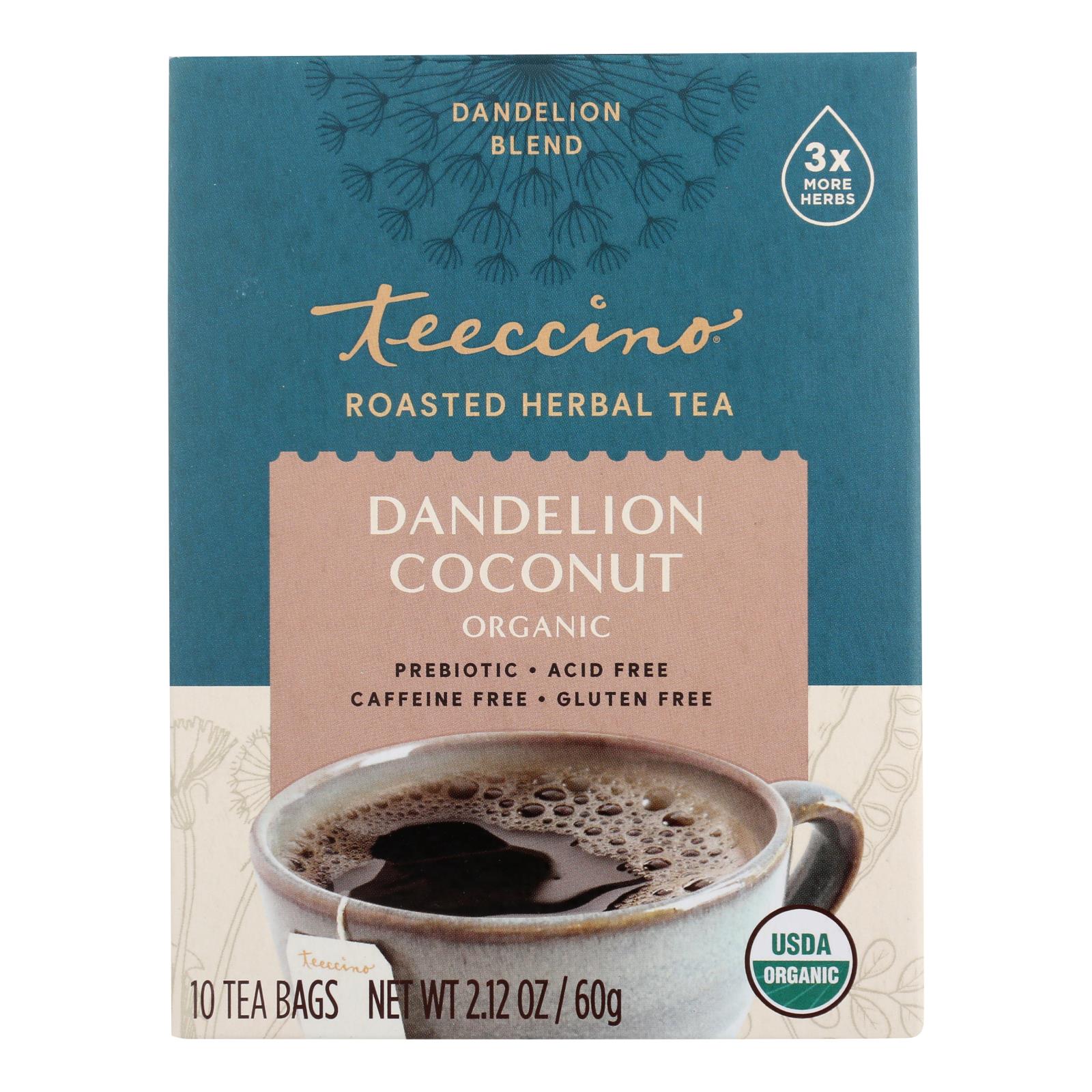 Teeccino Organic Dandelion Coconut Herbal Tea (Pack of 6, 10 Bags)