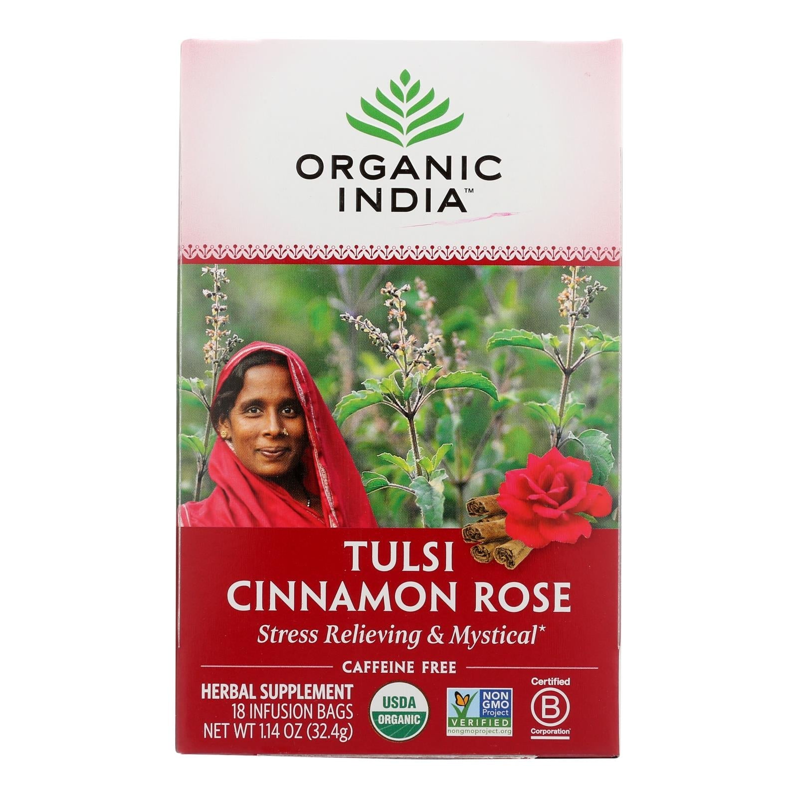 Organic India Tulsi Tea, Cinnamon Rose Flavor, 18 Tea Bags (Pack of 6)