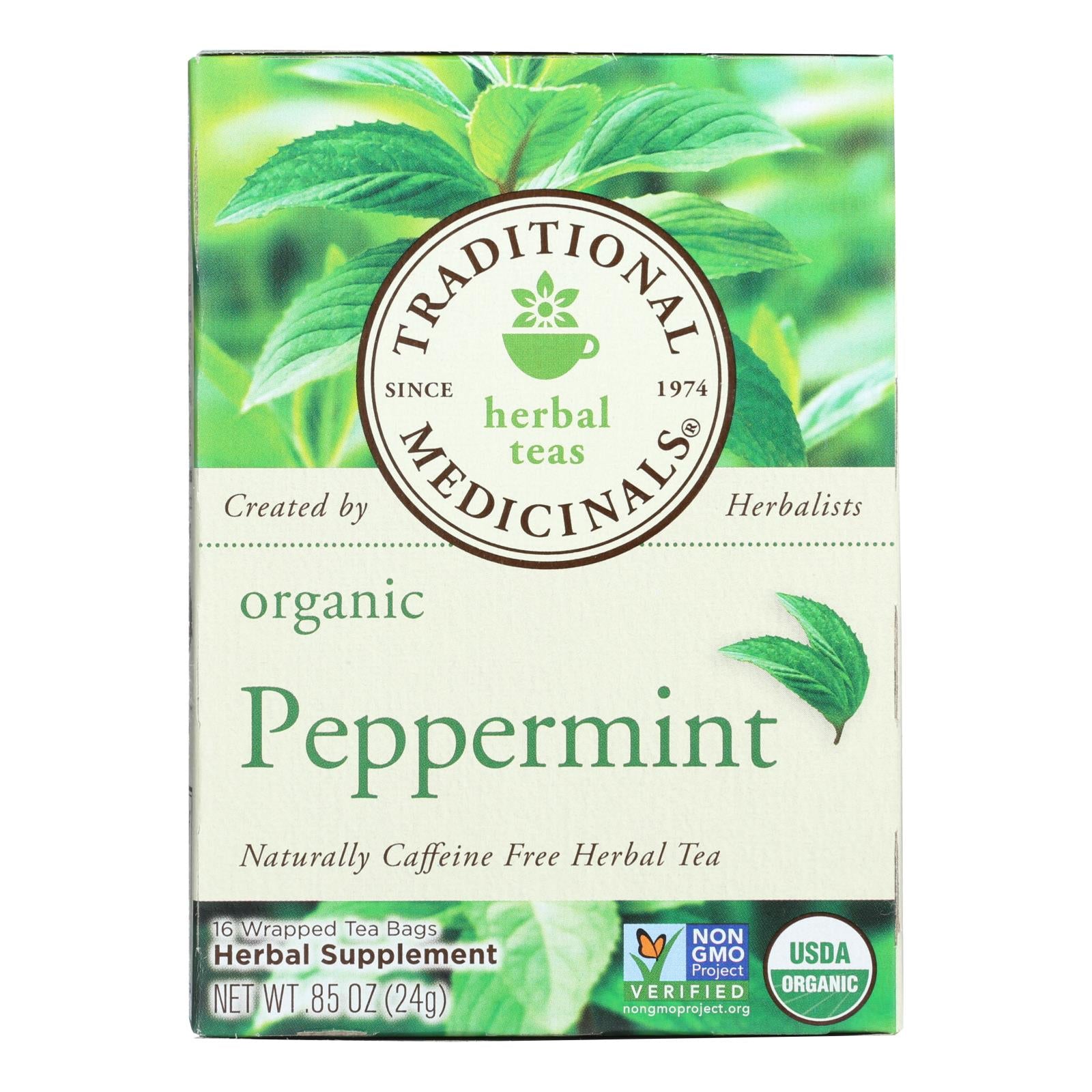 Traditional Medicinals Organic Peppermint Herbal Tea, Caffeine-Free 16 Tea Bags (Pack of 6)