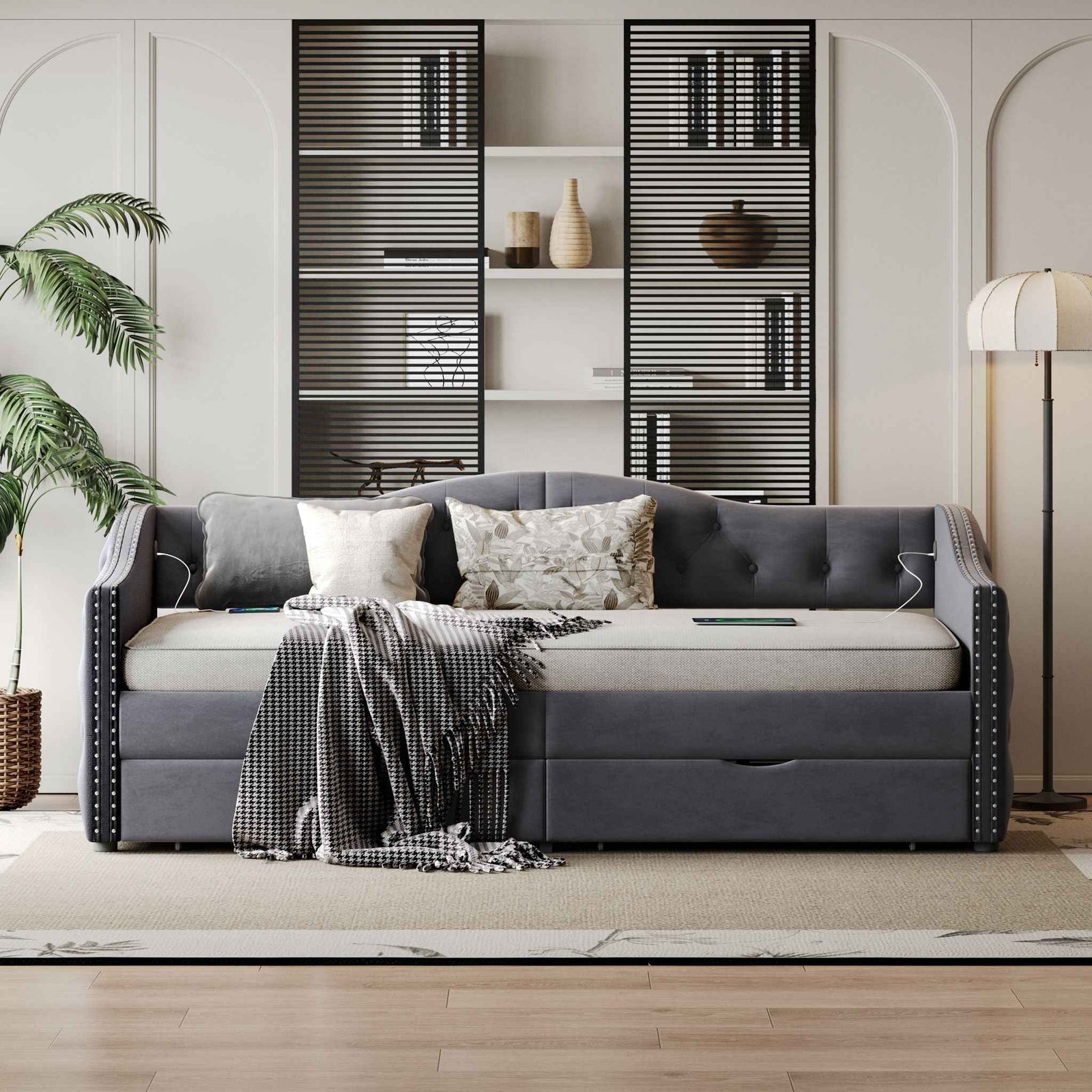 Full Size Bed Frame, Upholstered Cloud Bed Frame With Headboard, 2 Storage Drawers And 2 USB Charging Design, No Box Spring Needed - Gray