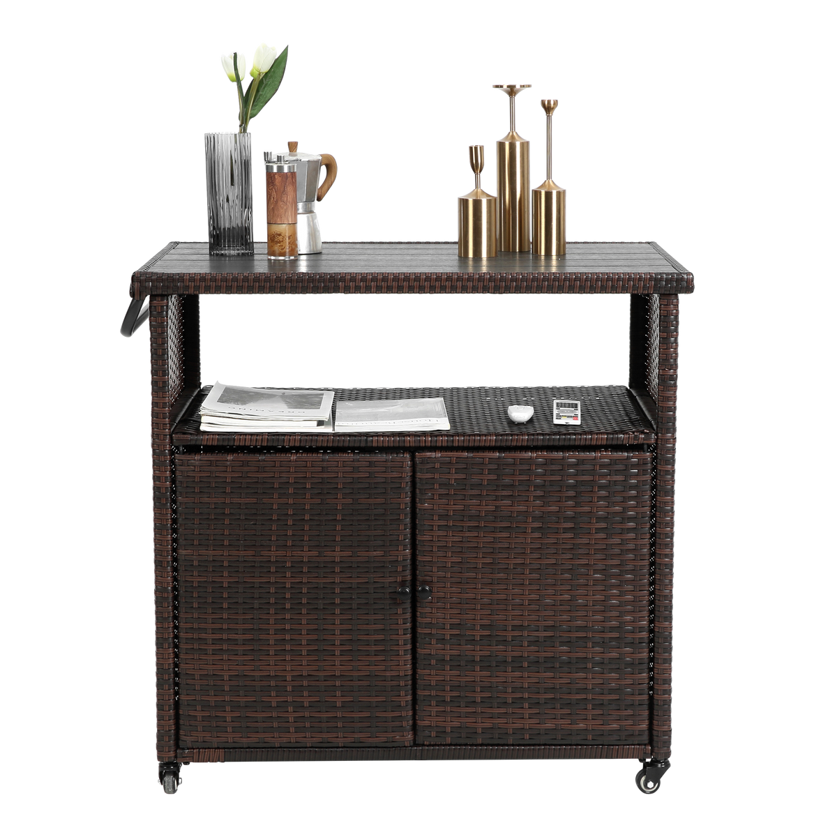 Outdoor Wicker Bar Cart with Glass Top and Wheels - Light Brown