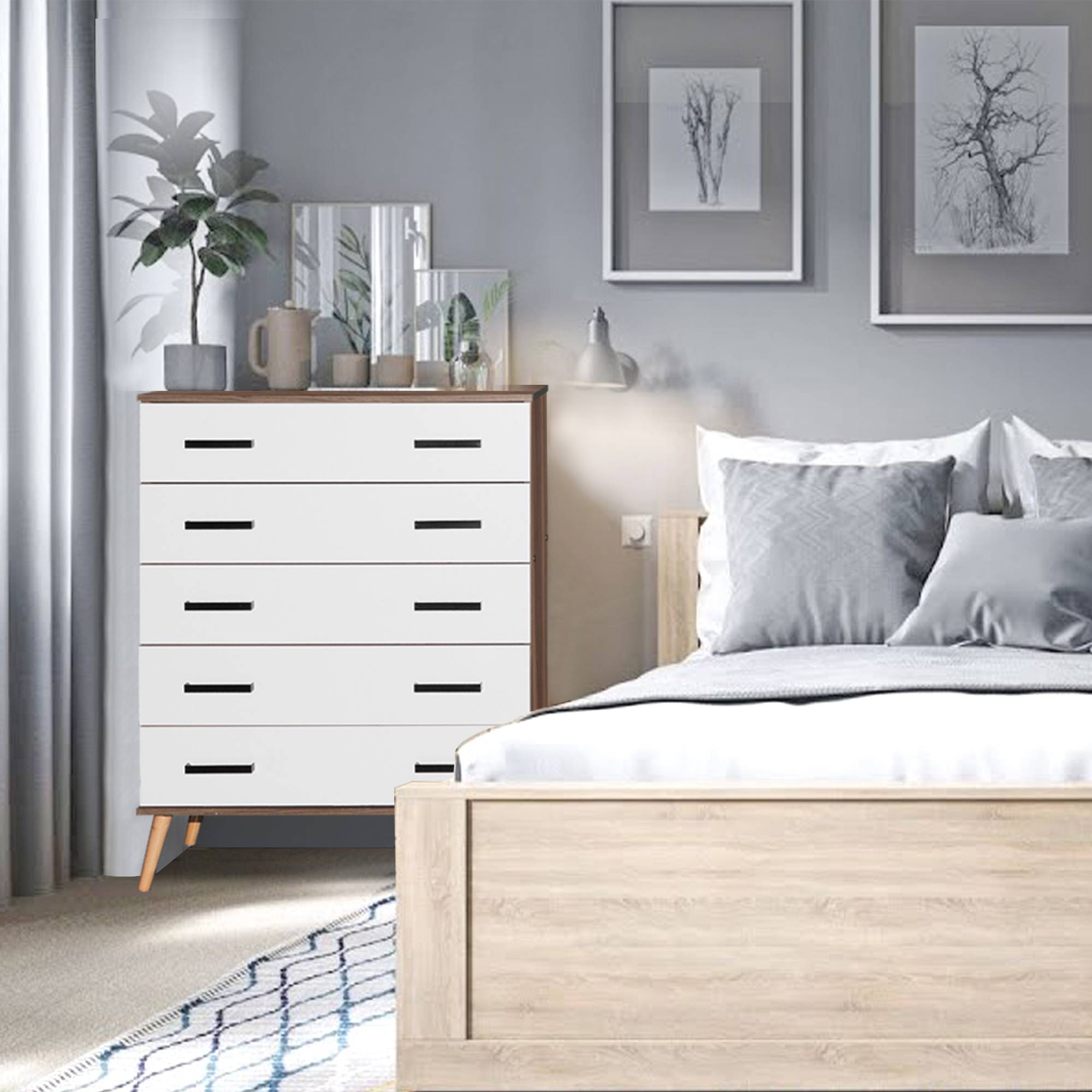 Better Home Products Eli Mid-Century Modern 5 Drawer Chest in Walnut & White