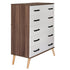 Better Home Products Eli Mid-Century Modern 5 Drawer Chest in Walnut & White