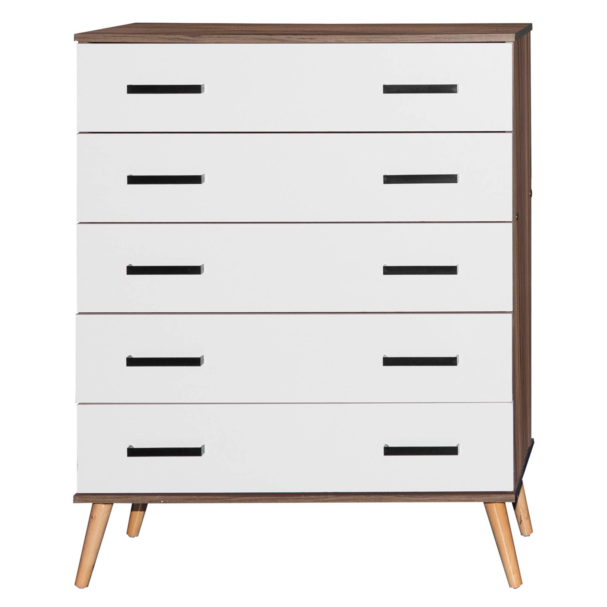 Better Home Products Eli Mid-Century Modern 5 Drawer Chest in Walnut & White