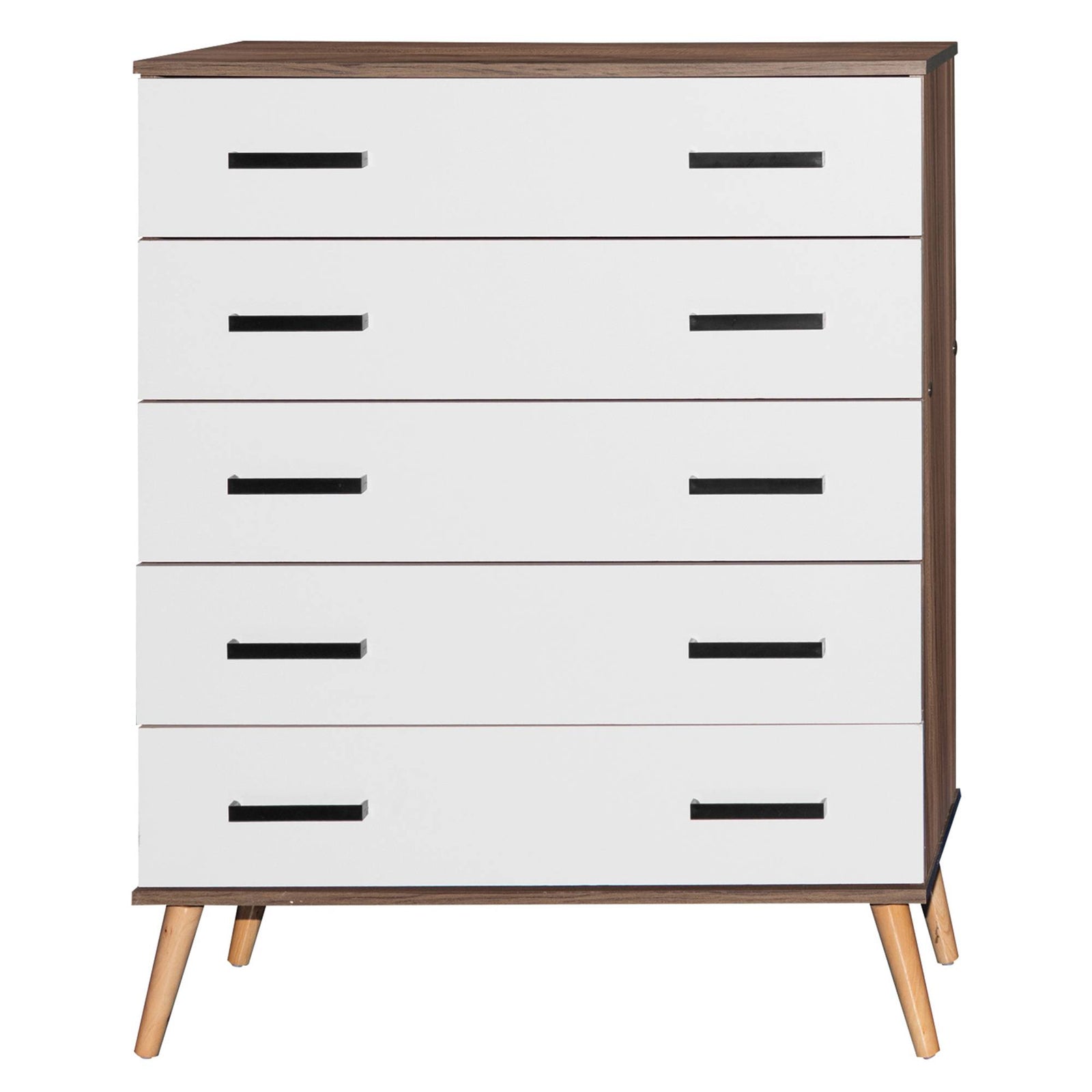 Better Home Products Eli Mid-Century Modern 5 Drawer Chest in Walnut & White