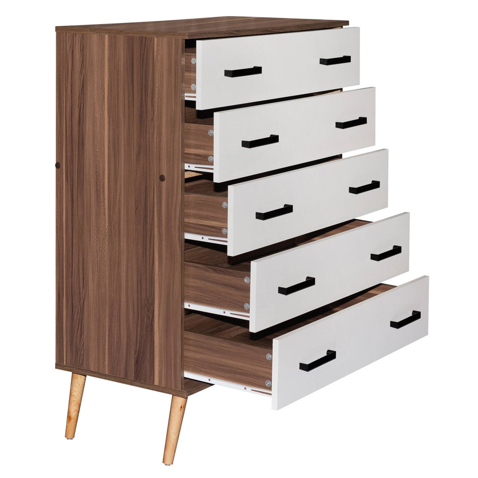 Better Home Products Eli Mid-Century Modern 5 Drawer Chest in Walnut & White