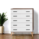Better Home Products Eli Mid-Century Modern 5 Drawer Chest in Walnut & White