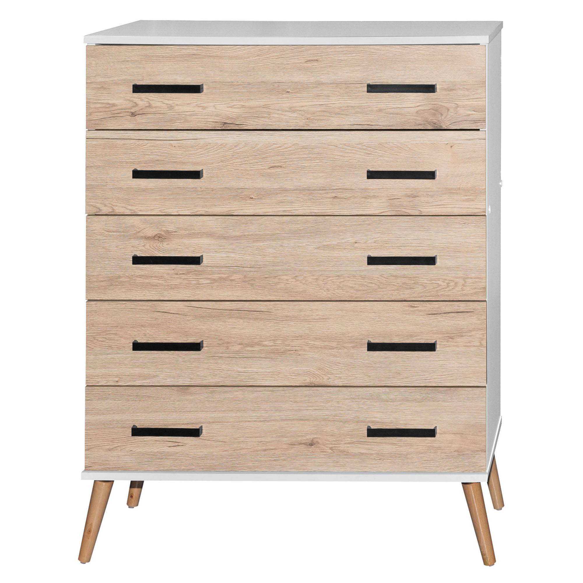 Better Home Products Eli Mid-Century Modern 5 Drawer Chest in White & Natural Oak