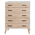 Better Home Products Eli Mid-Century Modern 5 Drawer Chest in White & Natural Oak