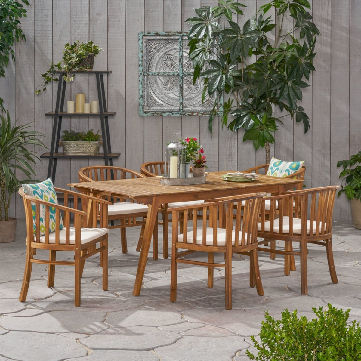 Outdoor 6 Seater Acacia Wood Dining Set with Cushions in Teak Finish