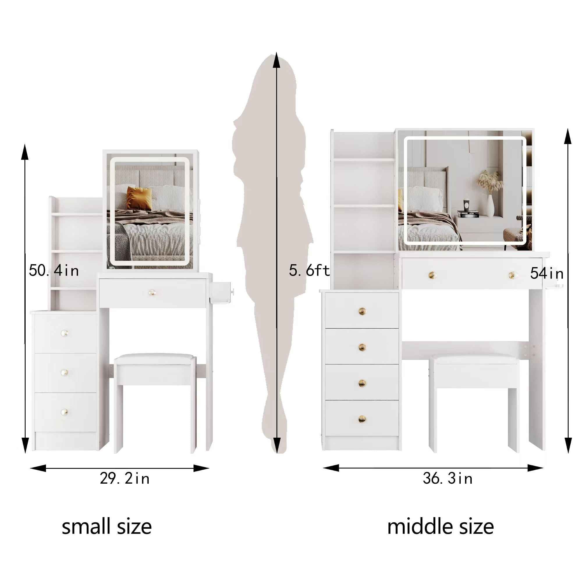 Cabinet Vanity Table & Cushioned Stool, USB Power Station, Hair Dryer Bracket - White