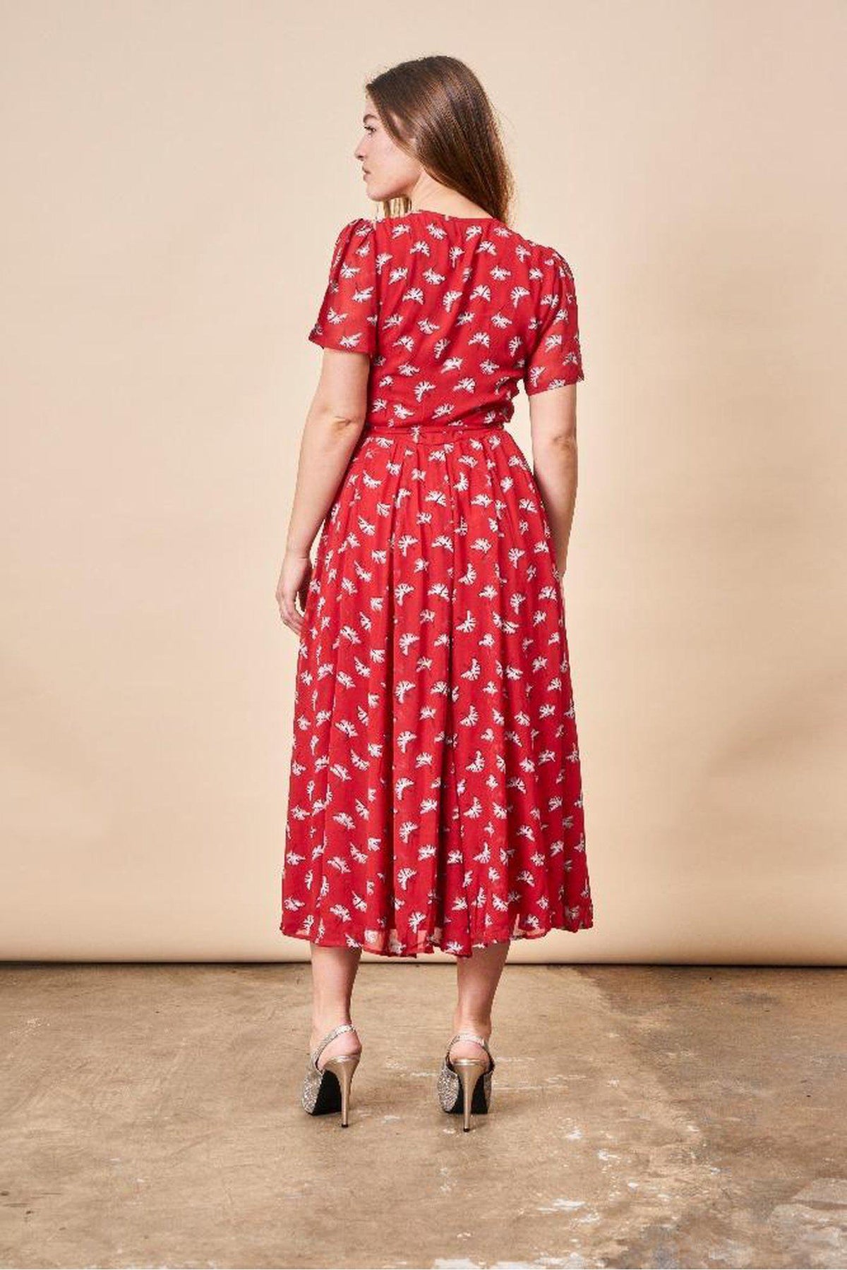 Ginkgo Leaf Midi Wrap Dress Lipstick Red + Silver