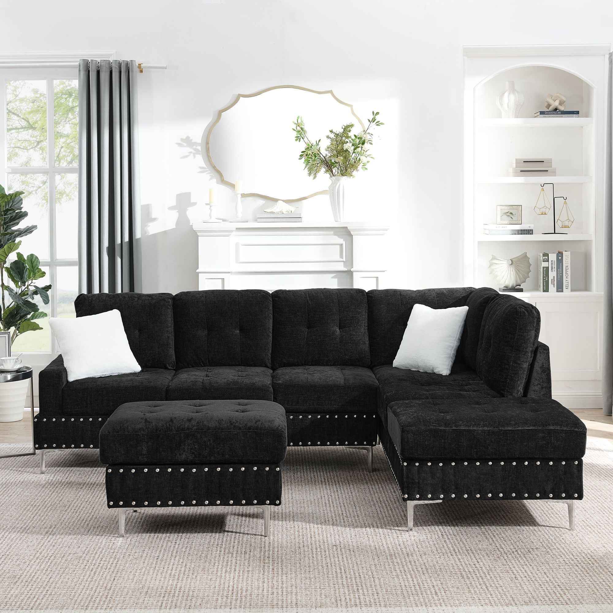 L-Shaped Sectional Sofa With Chaise And Storage Ottoman, Includes 2 Pillows