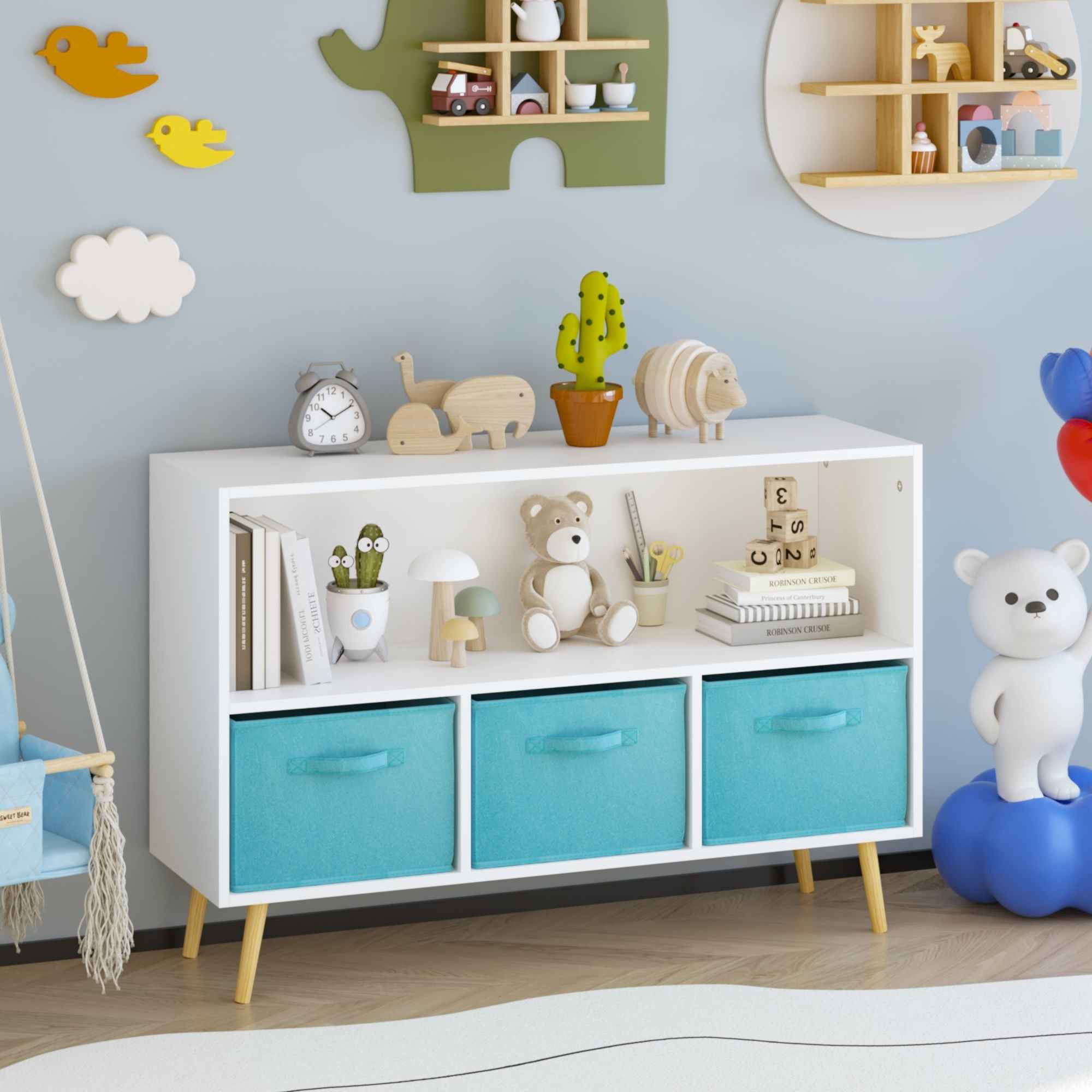 Bookcase With Collapsible Drawers, Book Display Storage Cabinet Organizer - White / Blue