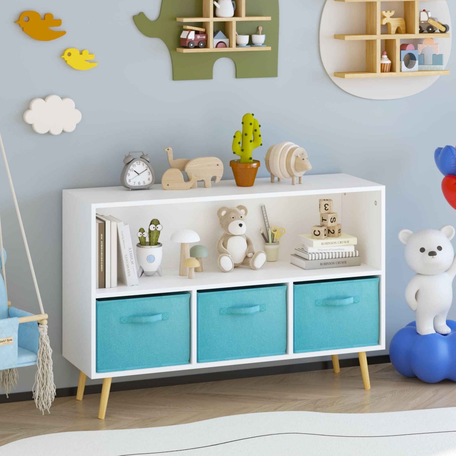 Bookcase With Collapsible Drawers, Book Display Storage Cabinet Organizer - White / Blue