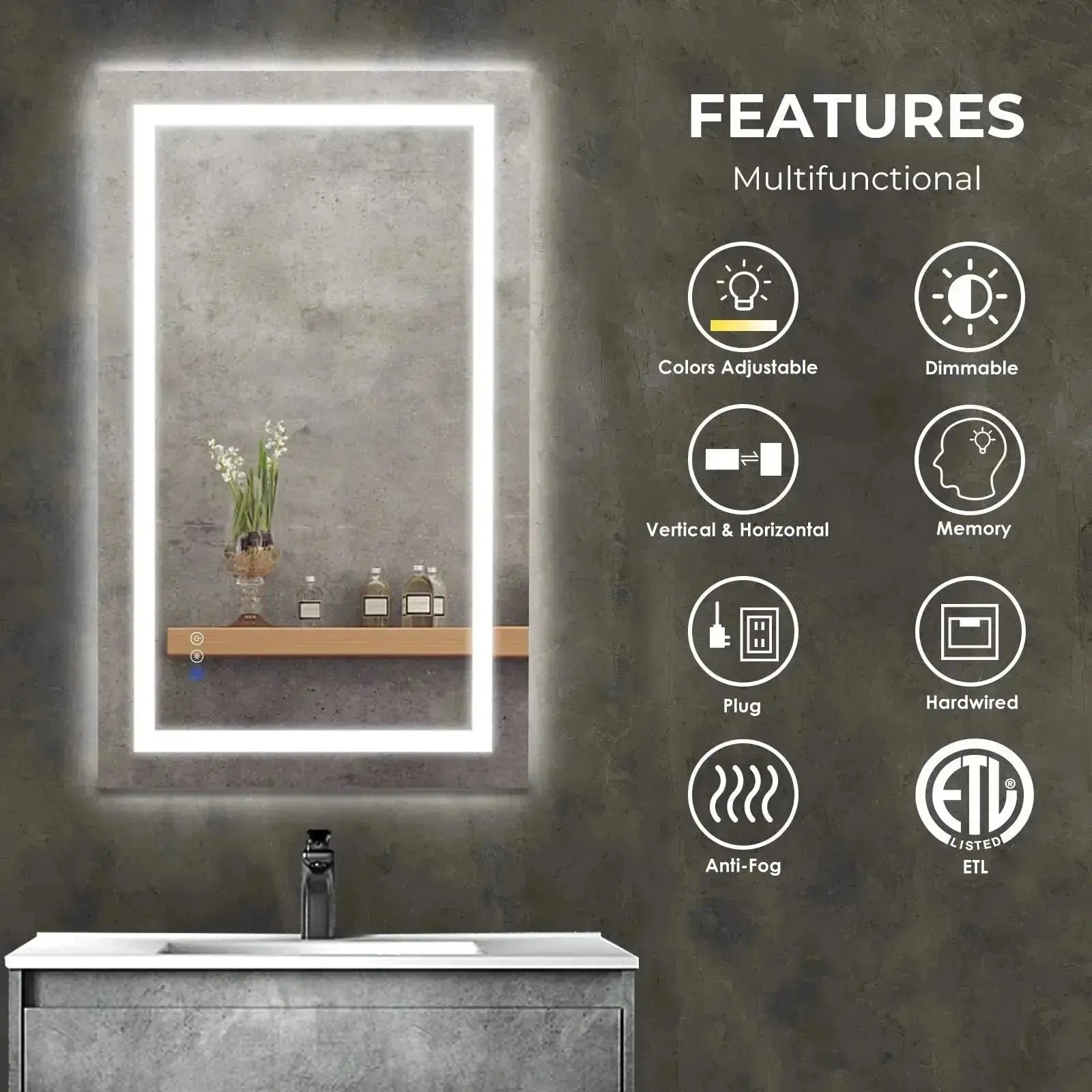 24 x 32  Inch Center Glow LED Bathroom Mirror