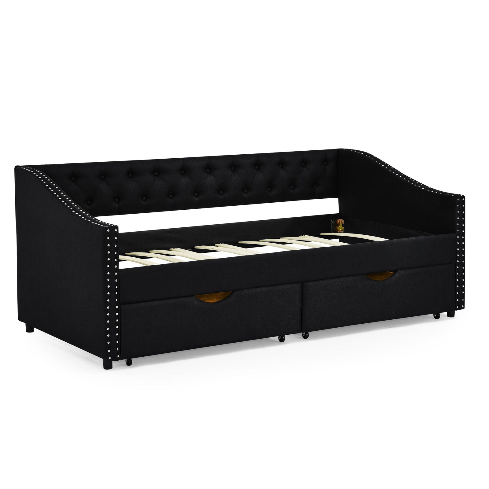 Upholstered Tufted Daybed With 2 Drawers, Waved Arms