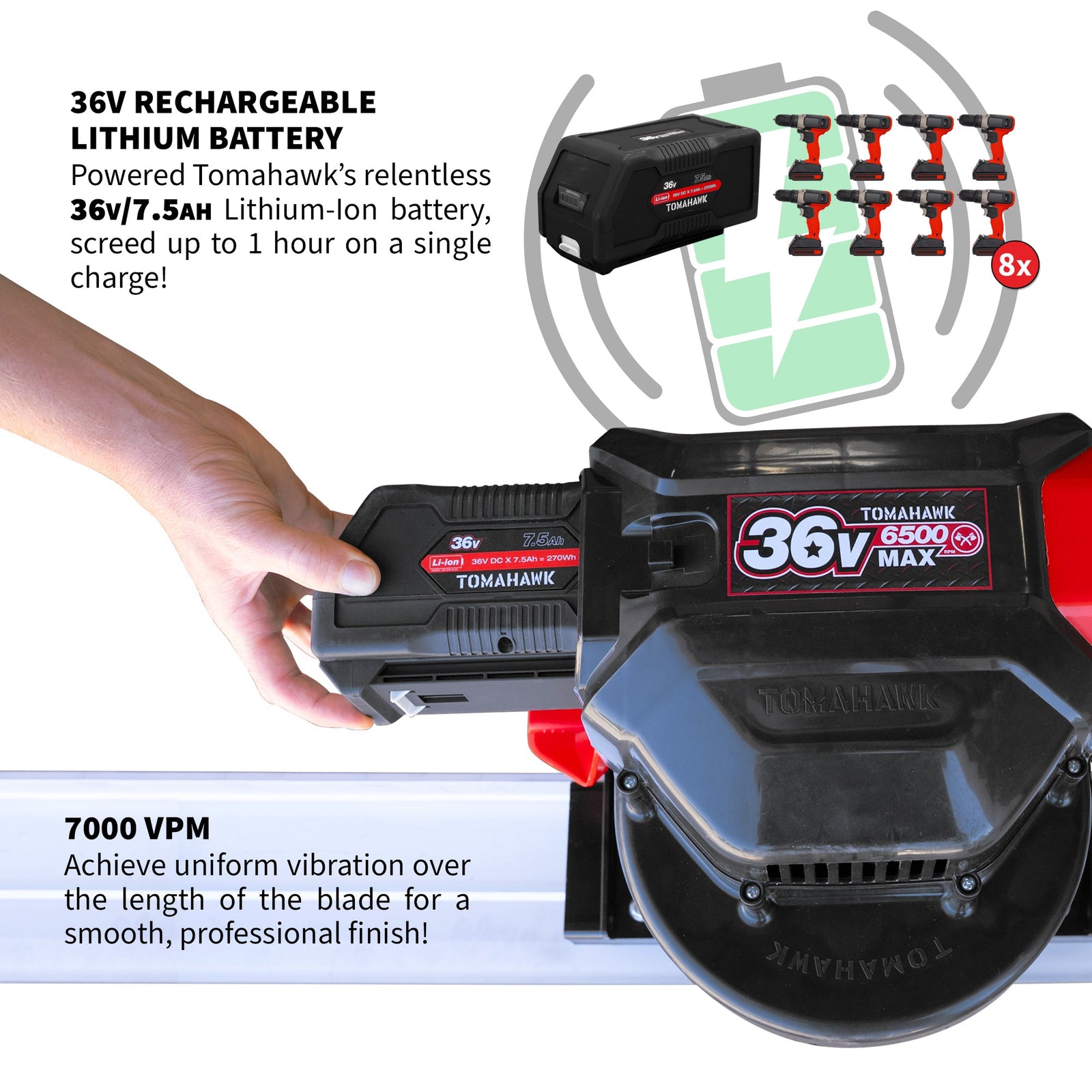 Tomahawk Battery Power Screed 36V 7ah Single Aluminum Blade Bundle (Choose 4ft, 6ft, 8ft, 10ft, 12ft, 14ft)