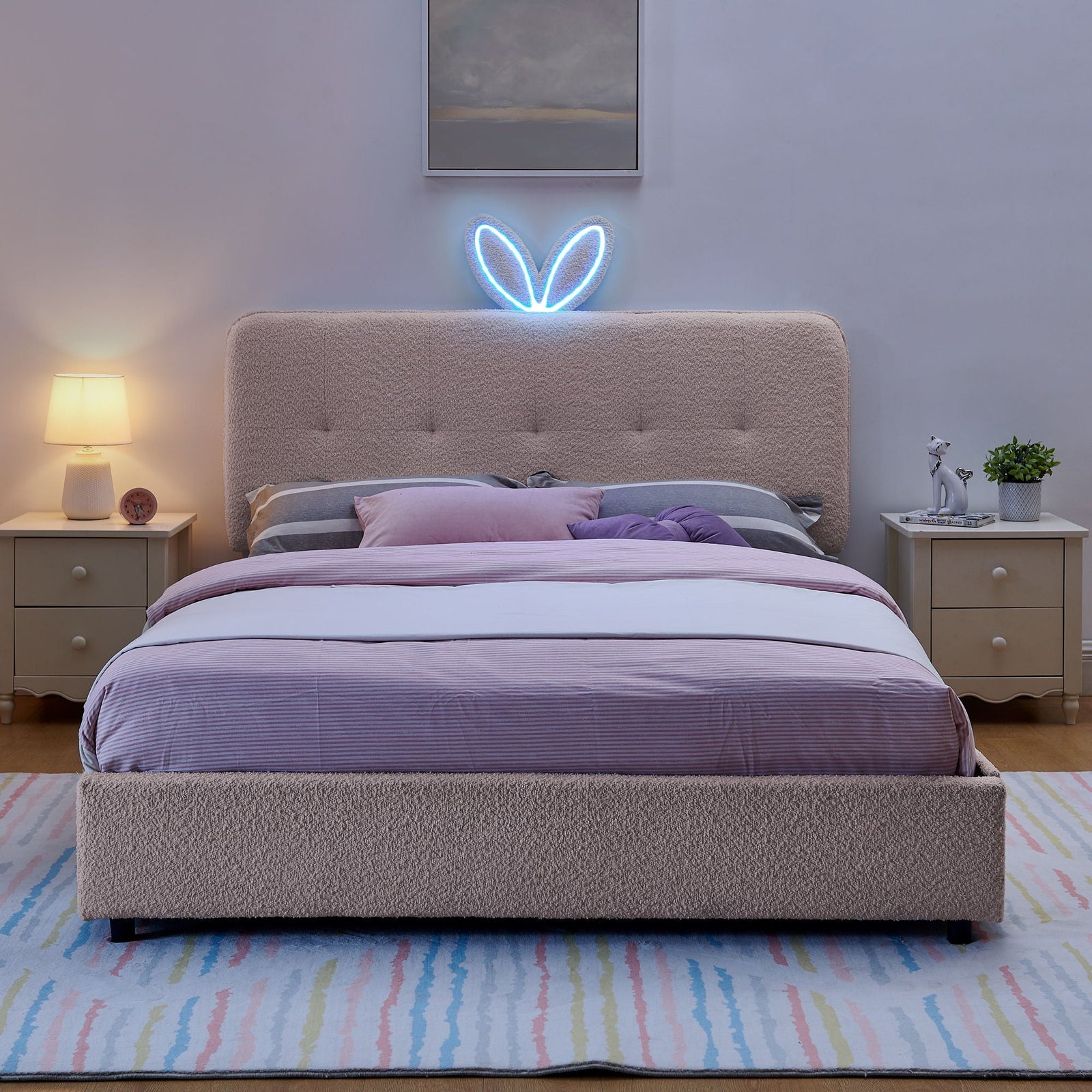 Upholstered Bed With Oversized Rabbit Ear Headboard, LED Lights & 4 Storage Drawers