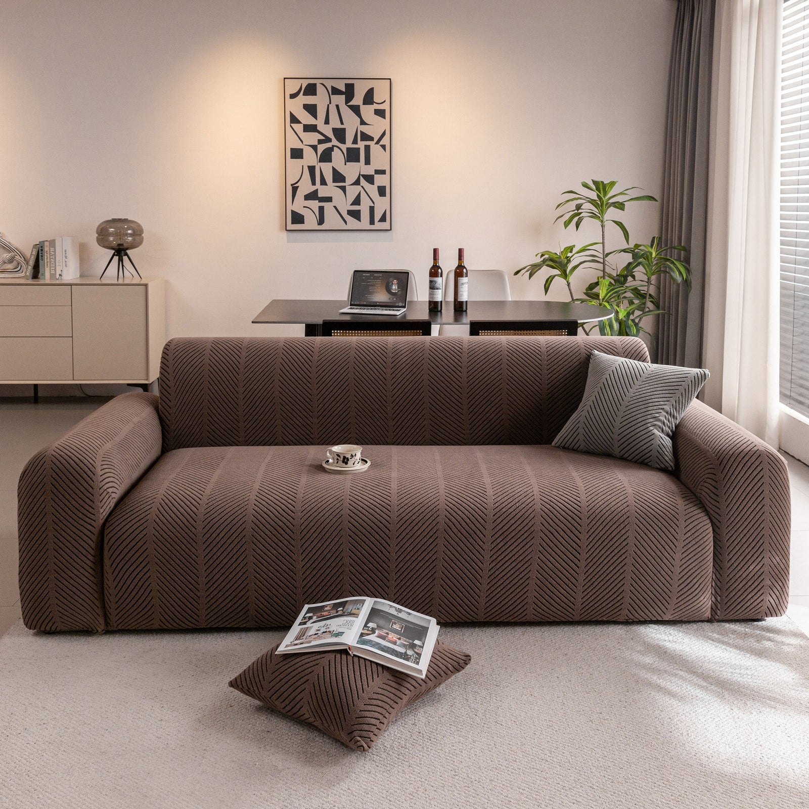 High Stretch Chevron Sofa Cover, Soft Washable Textured Jacquard Slipcover for Couch